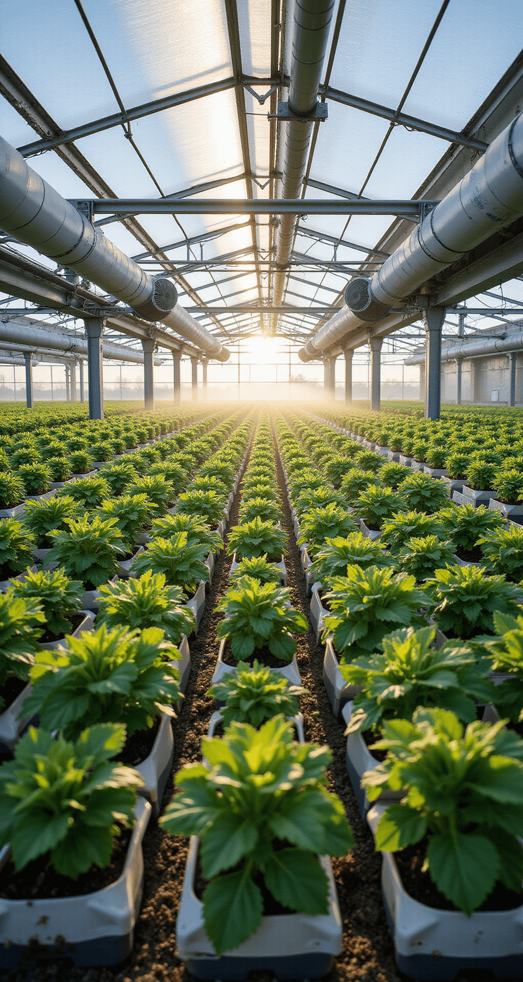 Gardens with Greenhouses: Your Ultimate Guide to Year-Round Growing Magic A professional-grade 30x40 foot greenhouse filled with rows of vegetable seedlings on metal shelving, showcasing automated climate control systems and misting that creates rainbow light effects, captured from an elevated angle to highlight geometric plant arrangements and integrated industrial fans and heating systems.