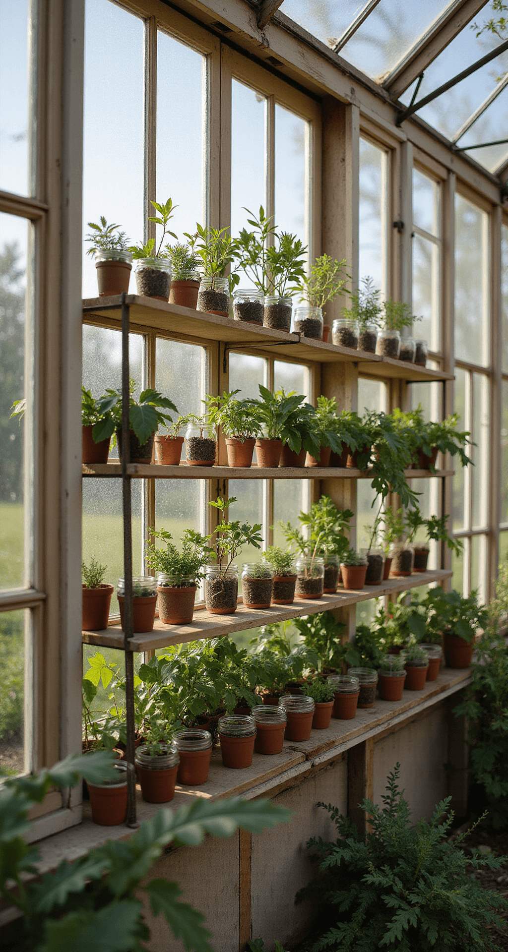 Gardens with Greenhouses: Your Ultimate Guide to Year-Round Growing Magic A budget-friendly DIY greenhouse featuring an 8x10 foot polycarbonate structure adorned with upcycled window frames, showcasing handmade wooden shelving filled with propagated plants in mason jars, illuminated by afternoon light with whimsical string lights in a softly blurred background.