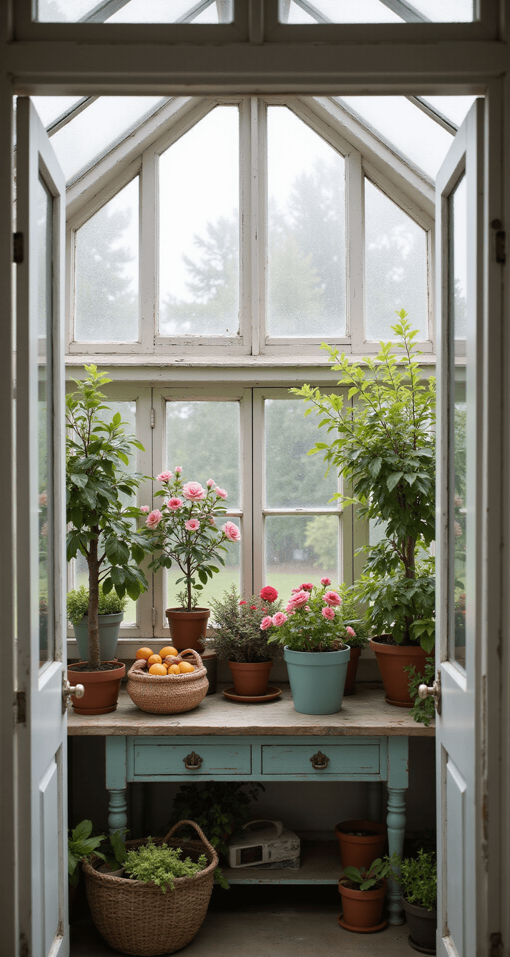 Gardens with Greenhouses: Your Ultimate Guide to Year-Round Growing Magic Interior of a cottage-style greenhouse at dawn, featuring a white-painted wood frame and Victorian details. Morning mist filters through the glass panels, illuminating vintage plant stands filled with blooming camellias and citrus trees. A woven basket of fresh-cut flowers rests on a distressed potting bench, all captured in soft, dreamy backlighting.