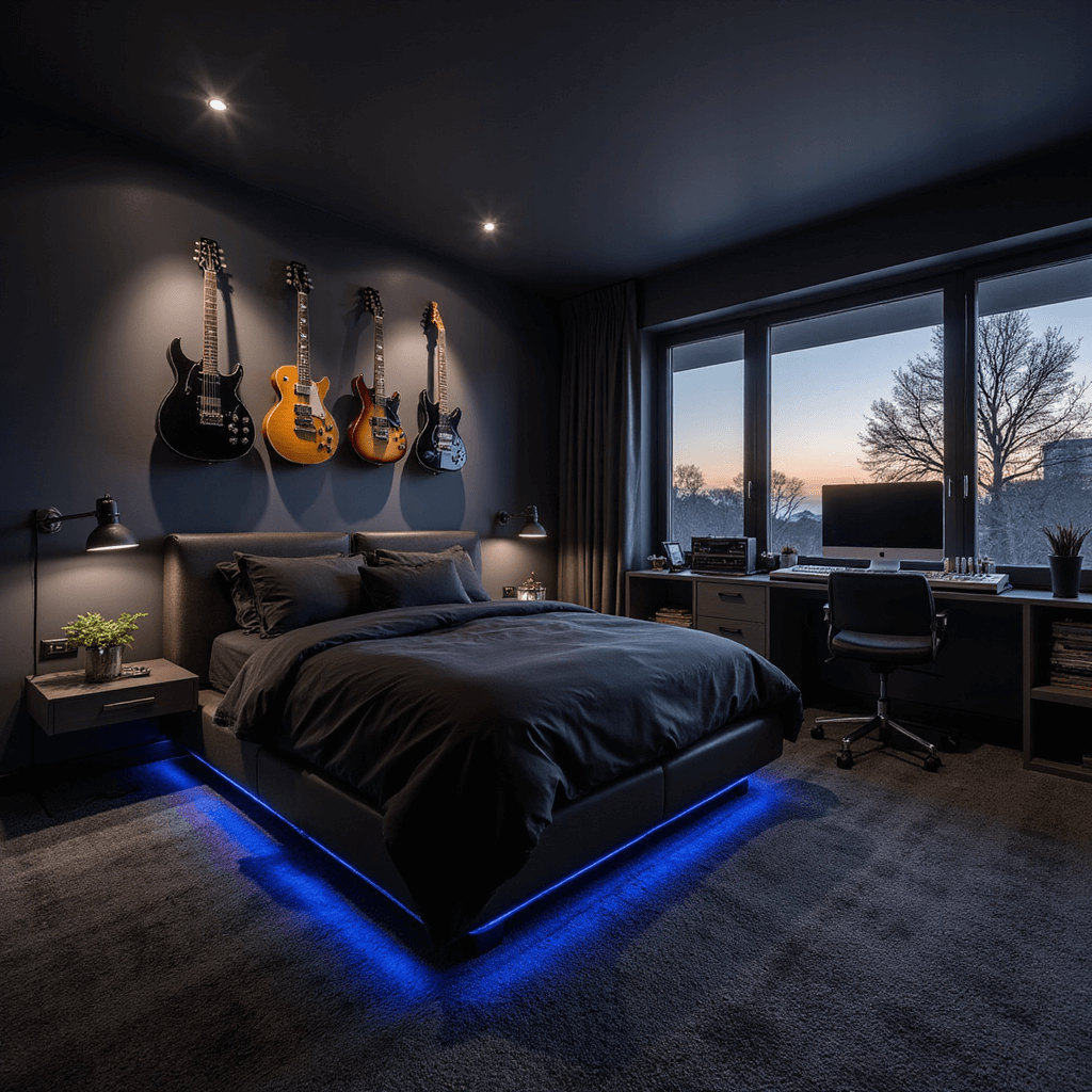 Teenage Boys Bedroom Ideas: Creating the Ultimate Personal Sanctuary Moody 14x14ft creative music studio bedroom at twilight, featuring a floating guitar display with LED spotlights, a platform bed with black linen bedding, a compact music production desk, vinyl storage in custom shelving, and textured charcoal carpet, all highlighted by ambient blue LED accents.