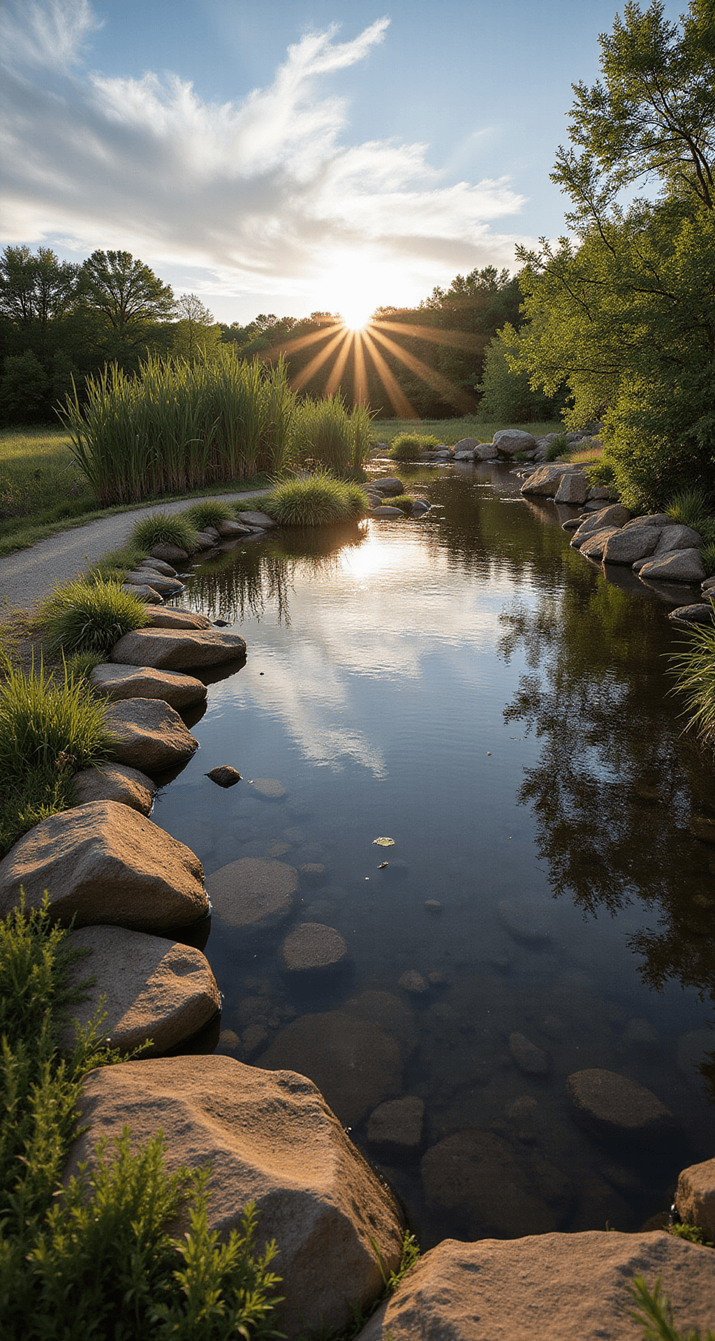 Inspiring Garden Pond Ideas: Transform Your Outdoor Space into a Tranquil Retreat A tranquil clay pond at golden hour, surrounded by river rocks and native wetland plants, with clear reflections and warm light enhancing the serene atmosphere.