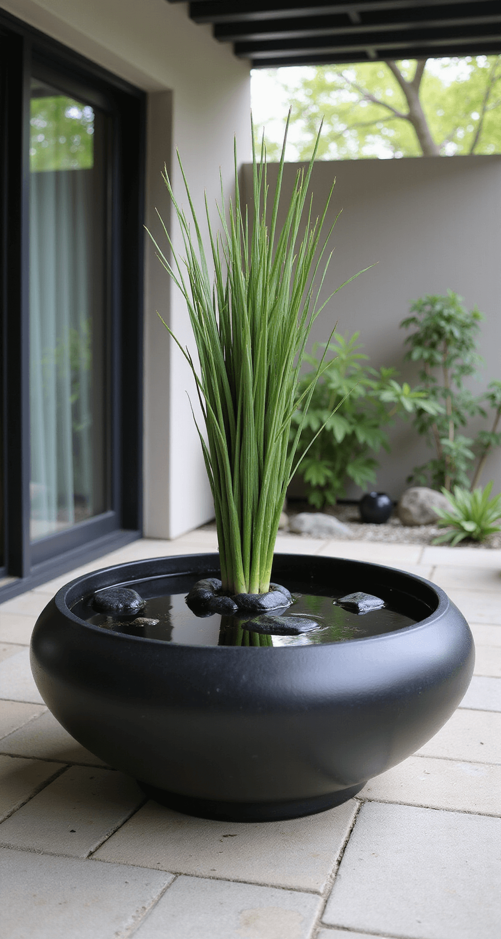 Inspiring Garden Pond Ideas: Transform Your Outdoor Space into a Tranquil Retreat A close-up of a sleek 4ft circular black ceramic vessel in a zen courtyard, featuring still water reflecting geometric shadows, a single dwarf papyrus at the center, and smooth black river stones on light limestone pavers, all in a minimalist, monochromatic palette of charcoals and greys with a green accent.