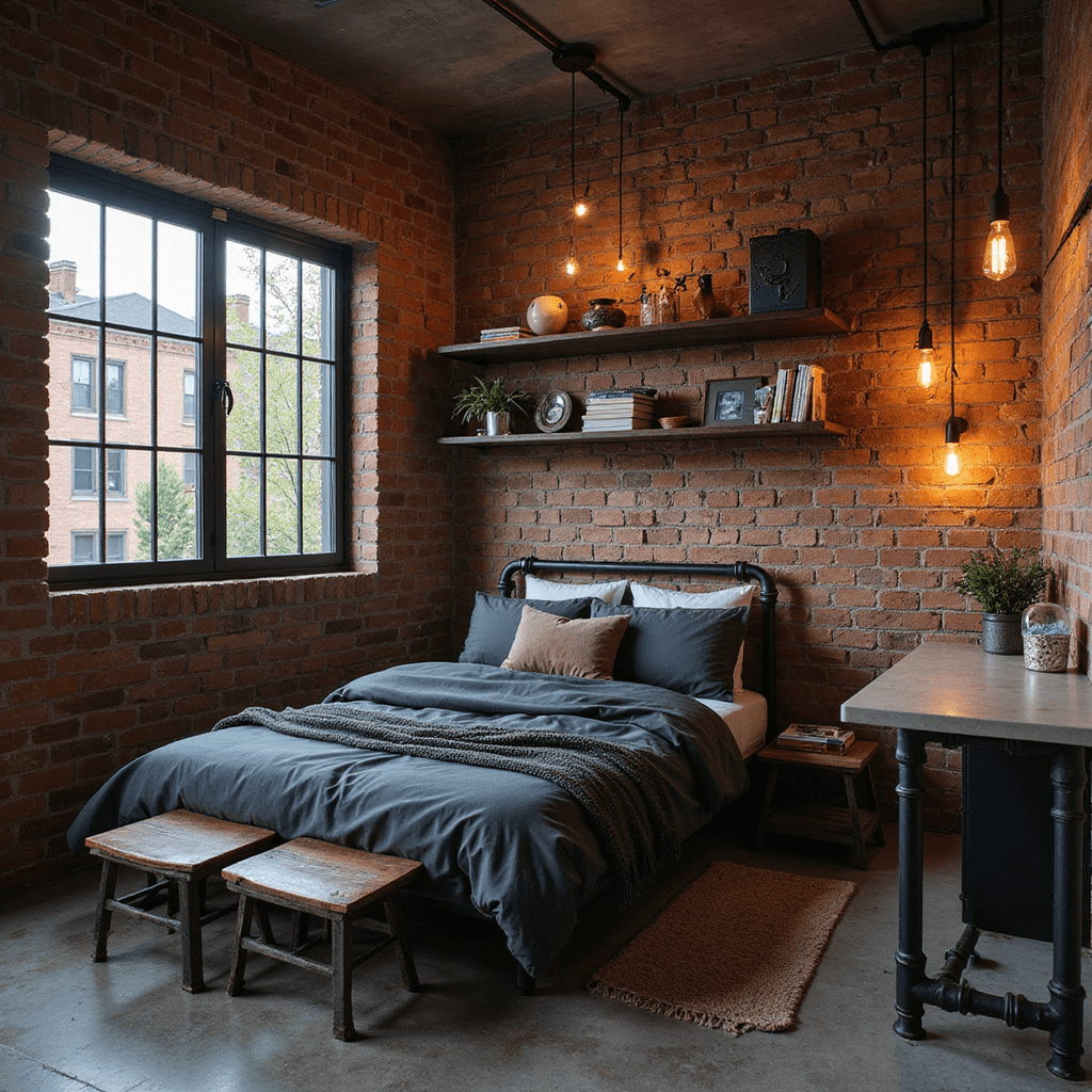 Teen Bedroom Ideas: Creating a Stylish and Functional Personal Sanctuary A cozy industrial-inspired teen bedroom featuring an exposed brick accent wall, a metal-framed bed with charcoal linens, and pipe shelving filled with books. A concrete-top desk complements the decor, illuminated by warm Edison bulb fixtures, all captured in moody dusk lighting with a color palette of grays, blacks, and warm metals.