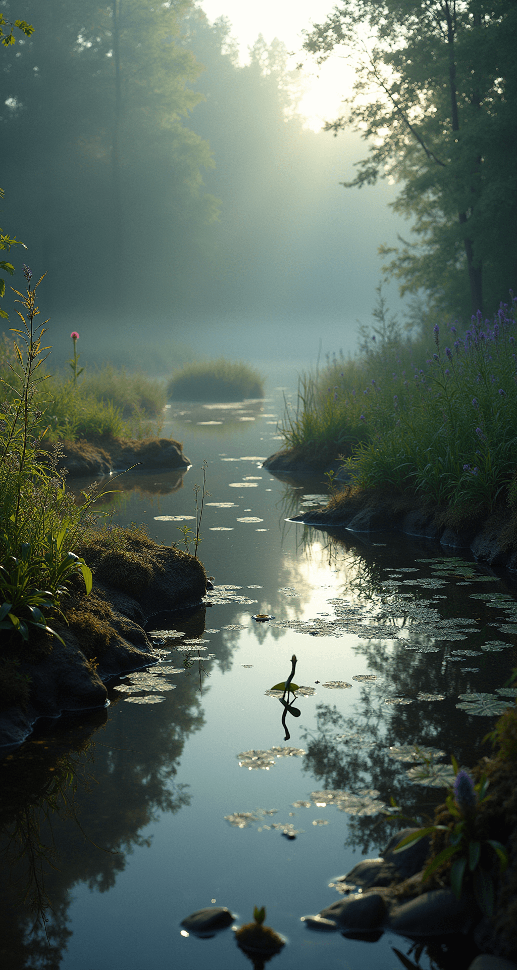 Inspiring Garden Pond Ideas: Transform Your Outdoor Space into a Tranquil Retreat A wide shot of a wildlife-friendly pond habitat at dawn, featuring morning mist. The clear shallows reveal varying water depths, with partially submerged logs and rock clusters providing shelter for wildlife. Native water lilies and marginal plants soften the edges, showcasing rich ecosystem colors of deep greens, browns, and hints of purple loosestrife. The ground-level perspective captures underwater elements illuminated by early directional light, creating a wild and mysterious atmosphere.