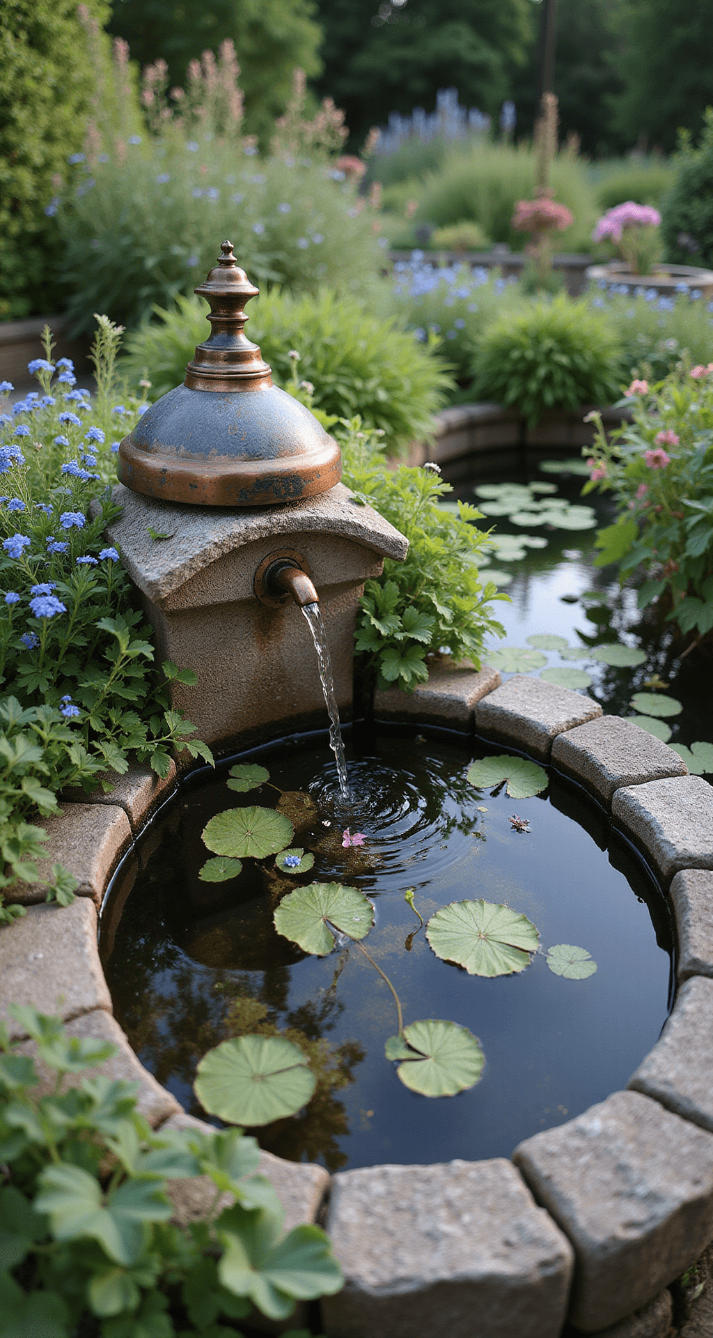 Inspiring Garden Pond Ideas: Transform Your Outdoor Space into a Tranquil Retreat A low angle shot of a circular pond in a cottage garden, surrounded by lush vegetation and flowers. Aged stone edges covered in thyme and forget-me-nots frame the water, while a vintage copper water feature trickles softly. The scene is bathed in warm late afternoon light, creating a nostalgic and dreamlike atmosphere.