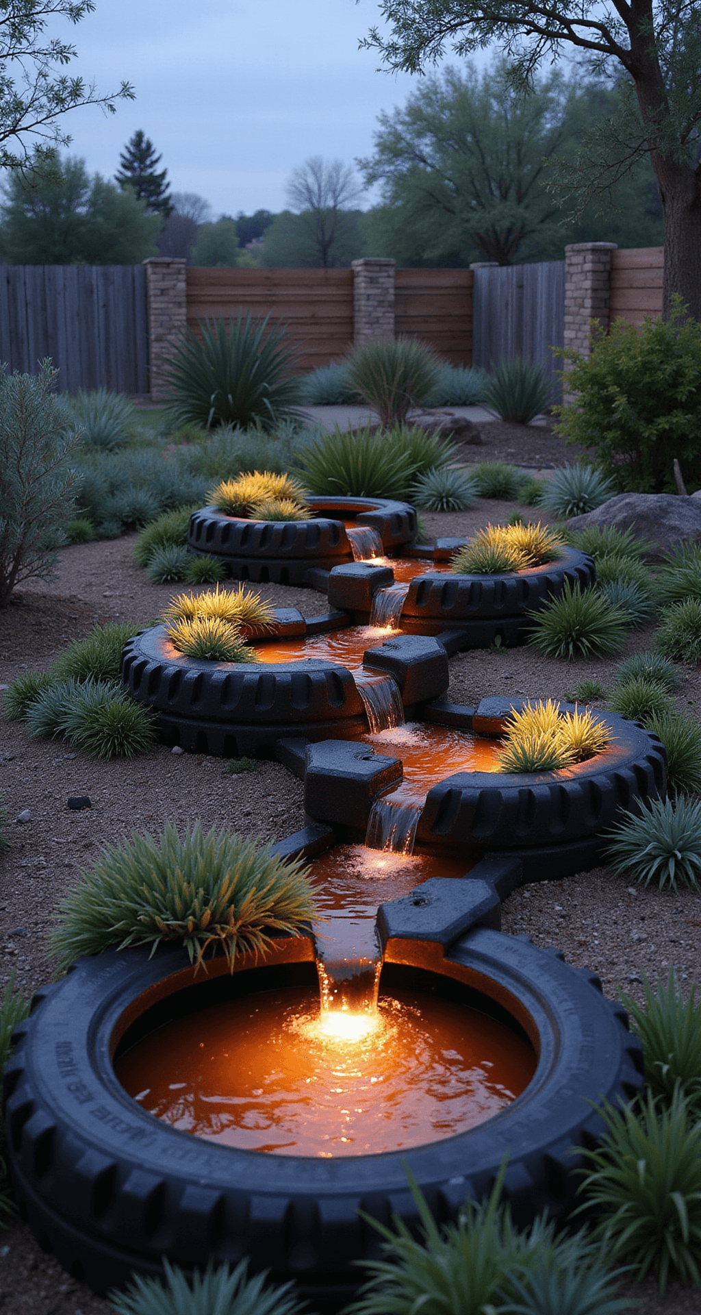Inspiring Garden Pond Ideas: Transform Your Outdoor Space into a Tranquil Retreat A dusk shot of a recycled tire pond installation featuring painted tractor tires in a 3-tier design, with water cascading between levels and illuminated by LED uplighting. Drought-tolerant succulents grow from tire walls, creating a blend of industrial and organic aesthetics with black tires, copper water tones, and silver-green plants.