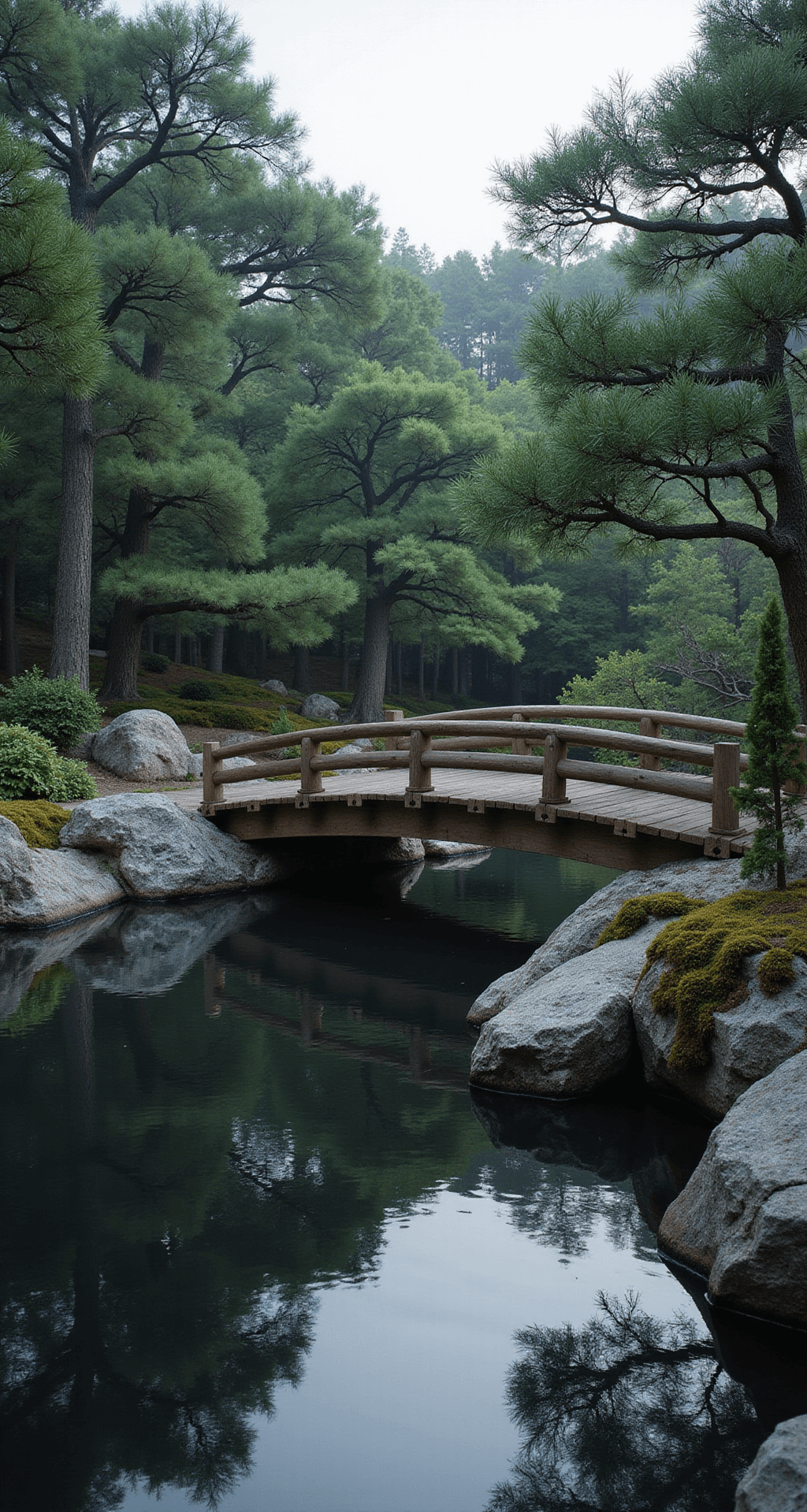 Inspiring Garden Pond Ideas: Transform Your Outdoor Space into a Tranquil Retreat A serene Japanese-inspired meditation pond at dawn, featuring a traditional wooden bridge reflected on the still water, surrounded by cloud-pruned pines and moss-covered rocks in a natural color palette of greys and greens, creating a contemplative and timeless atmosphere.