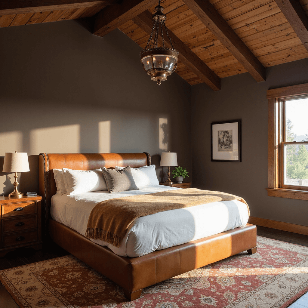 Bedroom Color Ideas: Transform Your Sleep Space with the Perfect Palette A sophisticated primary bedroom featuring Char Brown walls, vaulted wooden beam ceiling, a California king bed with leather headboard and layered ivory linens, a vintage Persian rug, and a bronze chandelier, captured from an elevated angle to showcase depth and architectural details.