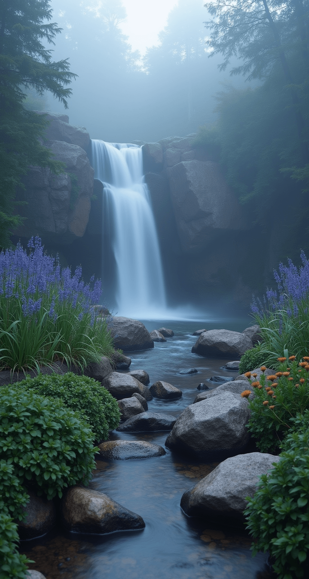 Create a Breathtaking Stream Garden: Nature's Living Masterpiece Early morning scene of a serene water garden with a cascading stream, enveloped in mist and cool blue light, featuring granite boulders, earth-toned river rocks, purple monkey flowers, and blue grama grasses, all captured with rich detail and depth.
