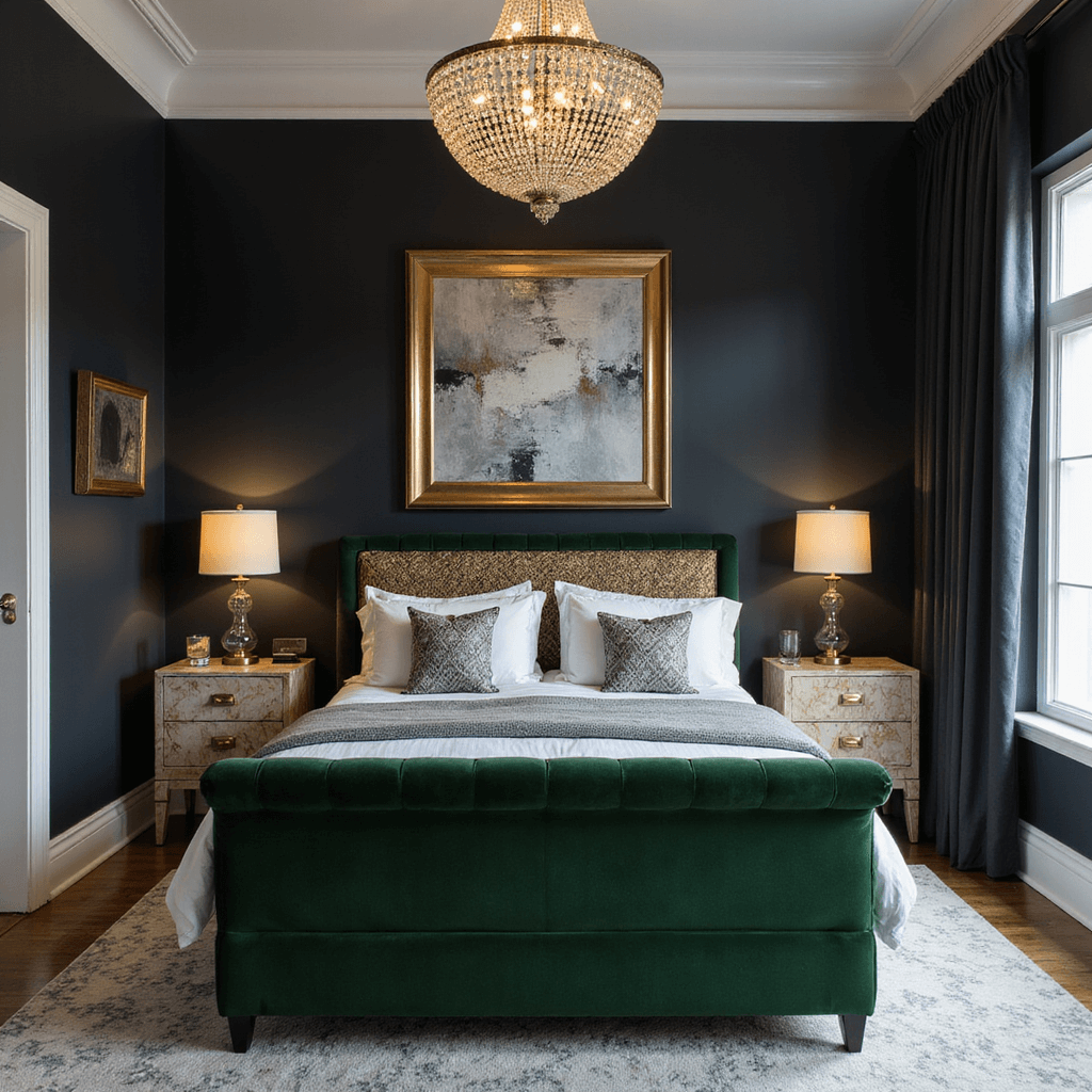 Bedroom Color Ideas: Transform Your Sleep Space with the Perfect Palette A bold bedroom featuring Farrow & Ball Paean Black walls and white trim, with an emerald green velvet platform bed, brass-framed abstract art, a crystal chandelier, metallic wallpaper, and marble-topped nightstands with glass lamps, captured from a corner position at dusk.