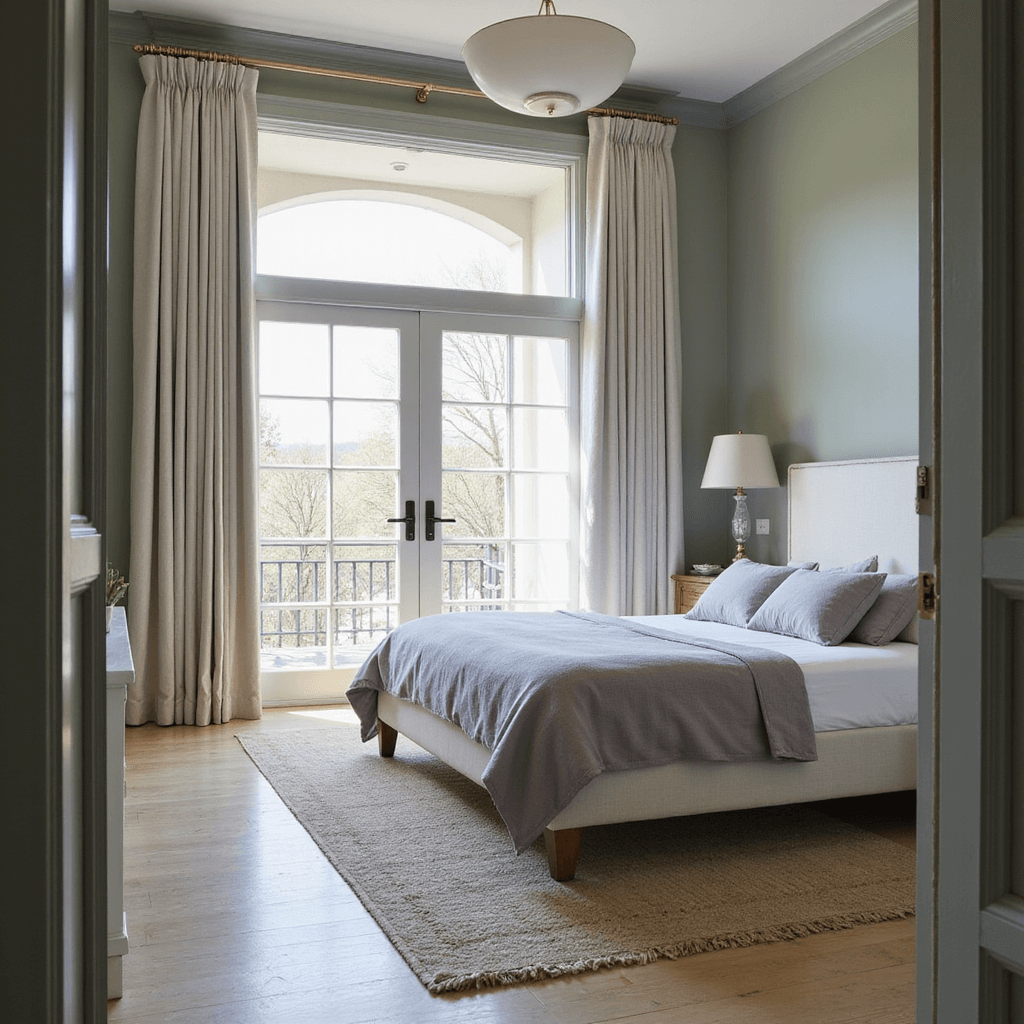 Bedroom Color Ideas: Transform Your Sleep Space with the Perfect Palette A serene bedroom bathed in early morning light, featuring muted sage walls and soft gray trim, with floor-to-ceiling linen drapes, a queen bed with white upholstered headboard and lavender-gray bedding, pale oak flooring, and a vintage-inspired wool rug, viewed from the doorway.