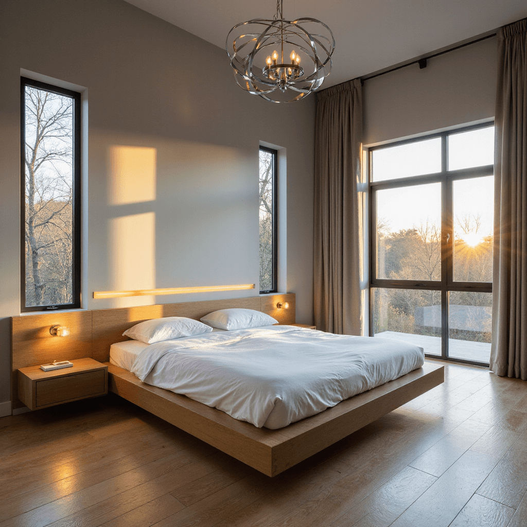 Bedroom Lighting Ideas: Transform Your Space with Perfect Illumination Elegant modern bedroom during golden hour, featuring a minimalist platform bed, floating nightstands, and a chrome chandelier, with sunlight casting shadows on white oak flooring and warm metallic accents against cool gray walls.