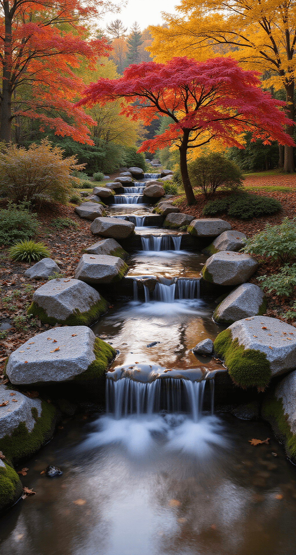 Create a Breathtaking Stream Garden: Nature's Living Masterpiece Elevated shot of a 40-foot stream garden in autumn, showcasing vibrant fall foliage illuminated by golden late afternoon light, with a Japanese maple canopy over a calm pool, dynamic water flow patterns due to varied levels, and strategically placed boulders, captured with rich textures and enhanced colors.