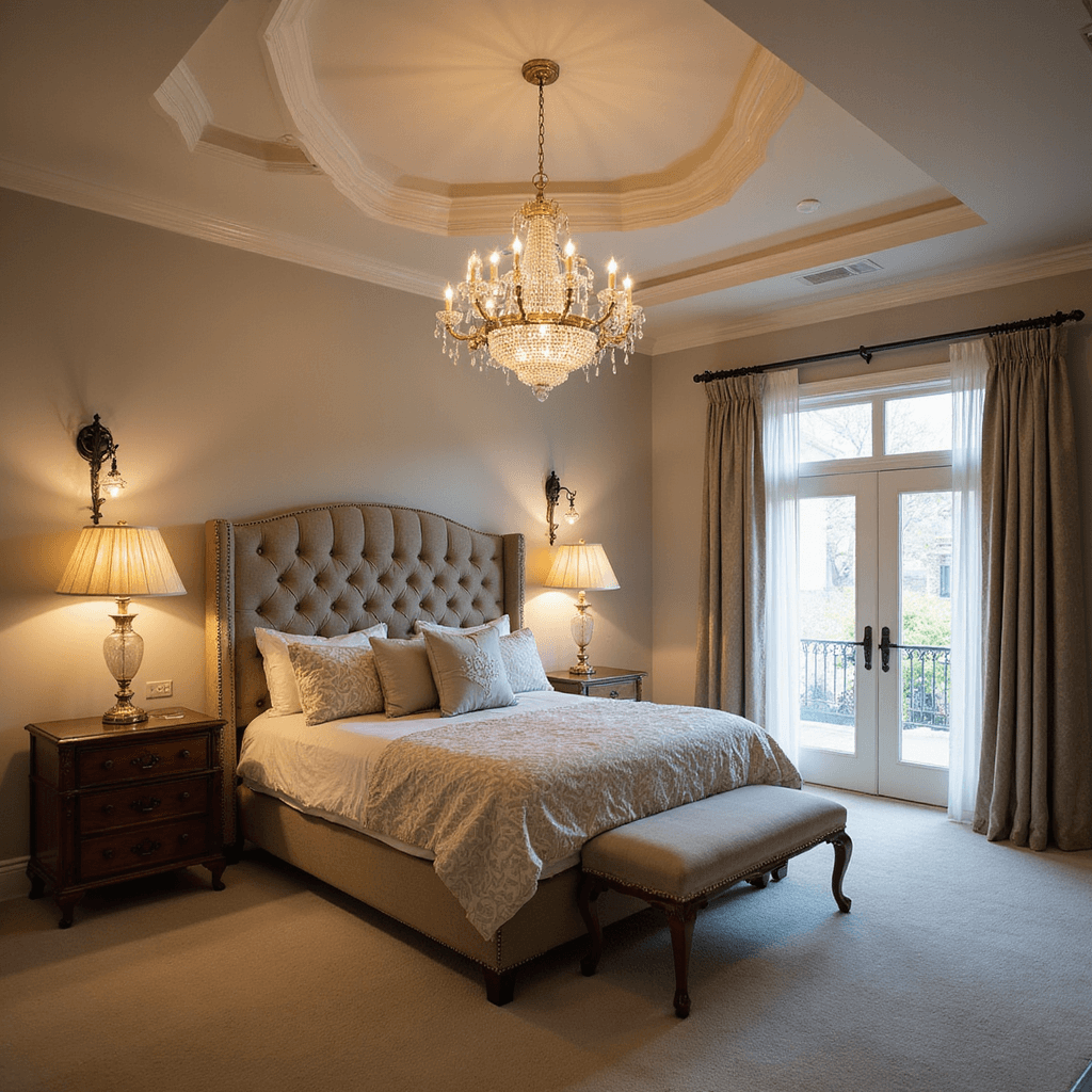 Bedroom Lighting Ideas: Transform Your Space with Perfect Illumination A grand master bedroom featuring a tray ceiling, illuminated by an ornate crystal chandelier above a tufted king bed dressed in damask linens. Flanking the bed are carved wooden nightstands with matching pleated silk lamps, while wall sconces cast a warm glow. French doors with sheer curtains let in soft evening light, enhancing the room's elegance and symmetry.