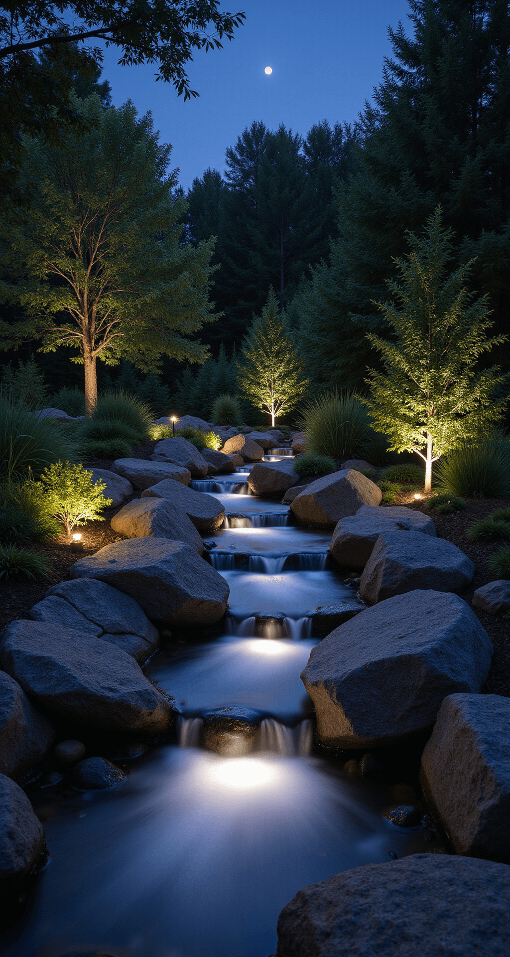 Create a Breathtaking Stream Garden: Nature's Living Masterpiece A nighttime landscape photograph featuring a 25-foot stream illuminated by cool LED uplighting on boulders, with silky water flow captured through a 2-second exposure. The scene is complemented by strategic copper fixtures hidden in the foliage and natural moonlight illuminating surrounding plants, showcasing depth through dramatic shadows.