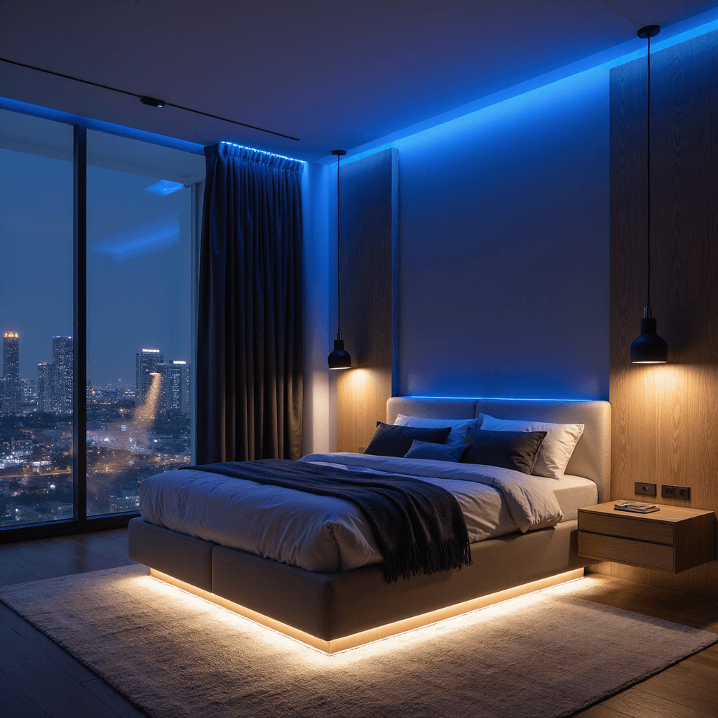 Bedroom Lighting Ideas: Transform Your Space with Perfect Illumination Contemporary bedroom at night featuring smart lighting, color-changing LED cove lights, automated curtains, minimalist pendant lights, and hidden strip lighting under a floating bed, shot from a corner angle to highlight technology integration and architectural design.