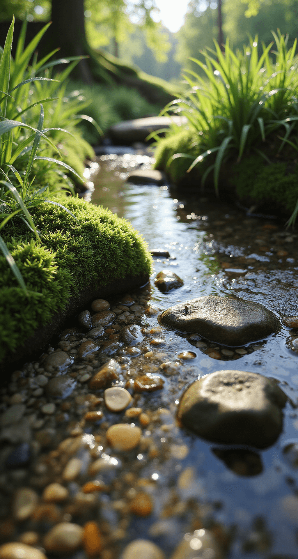 Create a Breathtaking Stream Garden: Nature's Living Masterpiece Close-up of a micro-ecosystem where a stream meets a planted edge, featuring morning dew on grass blades, clear water showcasing river rocks and gravel, and tiny fish in shallow areas, all illuminated by dappled natural light from the tree canopy.