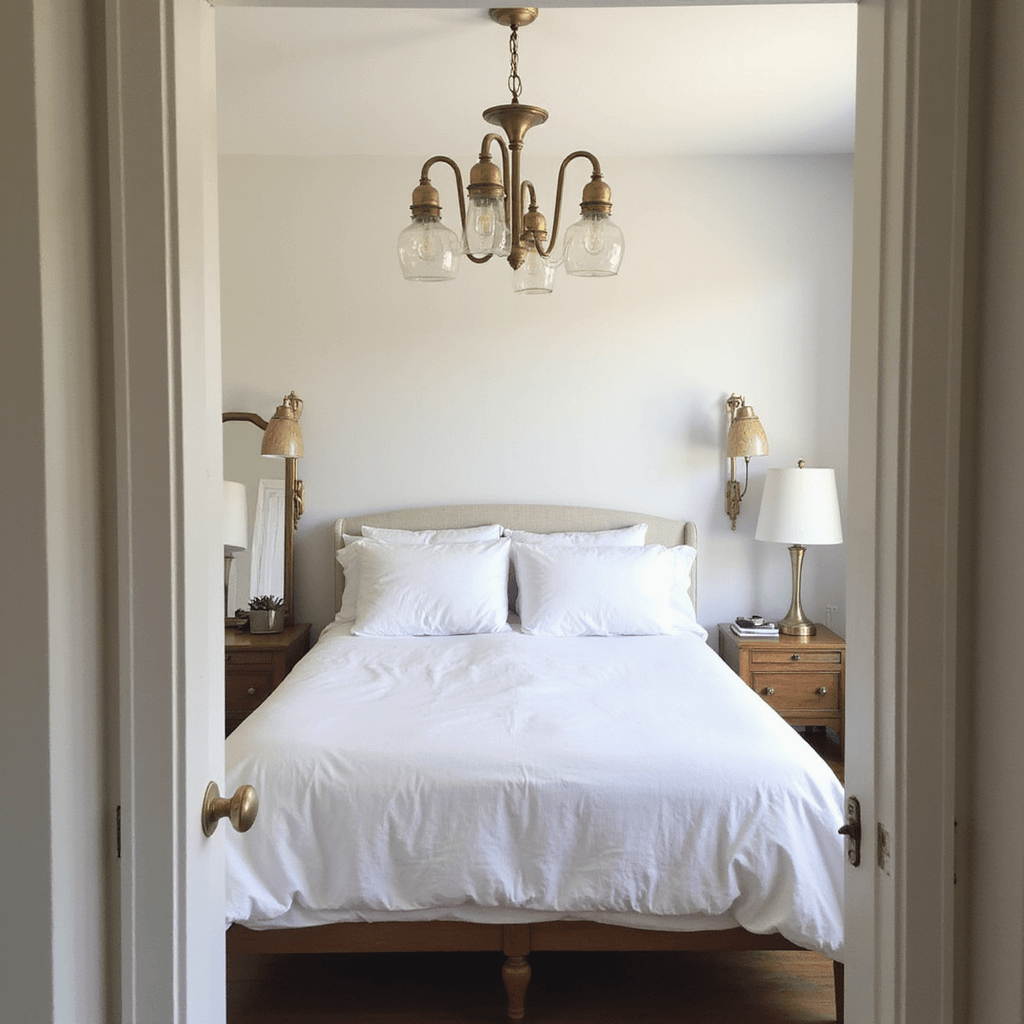 Bedroom Lighting Ideas: Transform Your Space with Perfect Illumination A bright 12x12' bedroom featuring all-white bedding under a vintage brass chandelier, enhanced by DIY geometric pendant lights. Mirrors reflect natural light, with smart bulbs adjusting lighting for a cozy atmosphere, all captured from the doorway.