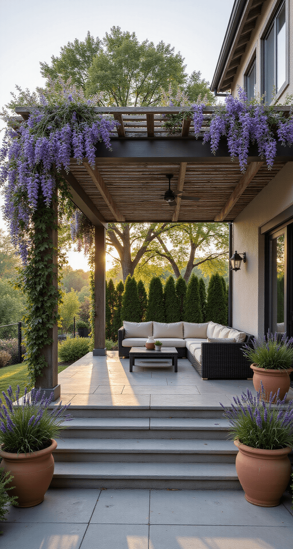 Garden Pergolas: Transform Your Outdoor Space with Style and Function Wide-angle image of a garden terrace with a cedar pergola draped in blooming wisteria, showcasing a charcoal gray sectional sofa and terracotta pots, illuminated by golden hour light.