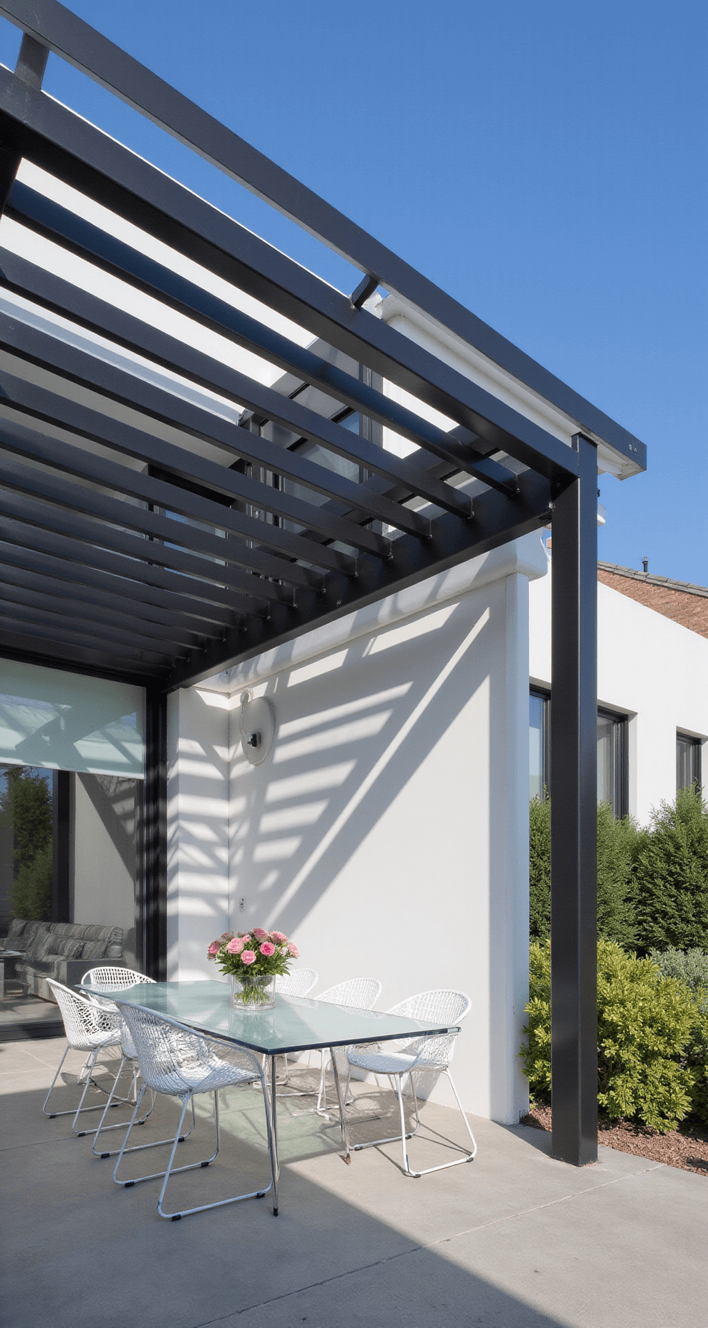 Garden Pergolas: Transform Your Outdoor Space with Style and Function Low-angle view of a minimalist black aluminum pergola with horizontal slats, casting geometric shadows on a polished concrete dining area with a glass-top table and white mesh chairs, against a stark white modern house exterior.