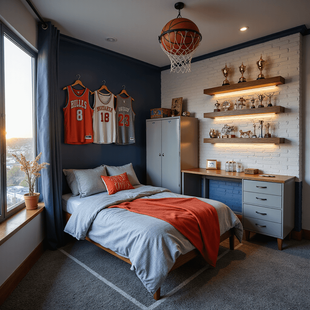 Boy Bedroom Ideas: Transforming Spaces into Epic Playgrounds of Creativity and Comfort A sports-themed boy's bedroom featuring a twin bed with grey and red sports bedding, a collection of basketball jerseys on a navy accent wall, and a vintage locker-style dresser. The room is illuminated during golden hour, showcasing LED strip lighting on floating shelves with trophies, and has a cable-suspended basketball hoop above an industrial metal desk. The textured grey carpet features a court-line pattern, with dramatic side lighting enhancing the room's texture and depth.