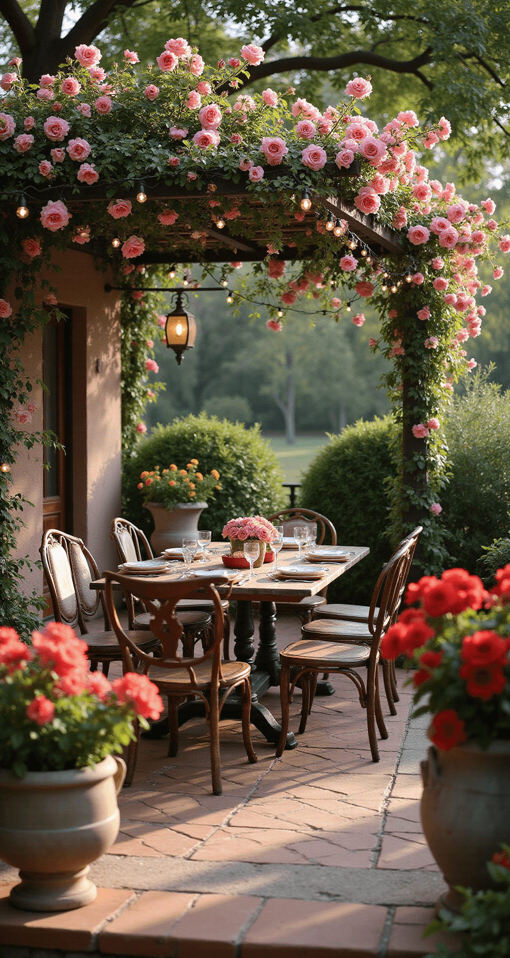 Garden Pergolas: Transform Your Outdoor Space with Style and Function Intimate setting under a Mediterranean-style wrought iron pergola adorned with climbing roses, featuring a rustic wooden table with mismatched vintage chairs. Soft pink morning light enhances the cozy atmosphere, with terracotta tiles below and string lights above. Weathered stone urns filled with coral and deep red geraniums add a romantic touch, captured from a seated eye level with a bokeh effect.