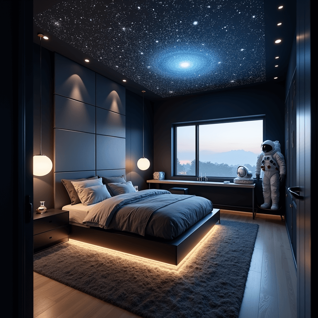 Boy Bedroom Ideas: Transforming Spaces into Epic Playgrounds of Creativity and Comfort Wide-angle view of a space-themed bedroom at dusk, featuring a constellation projection on the vaulted ceiling, a matte black modernist platform bed with LED underglow, deep navy walls with silver accents, a glossy white rocket ship desk with chrome details, an orbital pendant light, a floating astronaut suit display, and a plush charcoal carpet. The shot is taken from the doorway at eye level, showcasing multiple practical lights for depth.