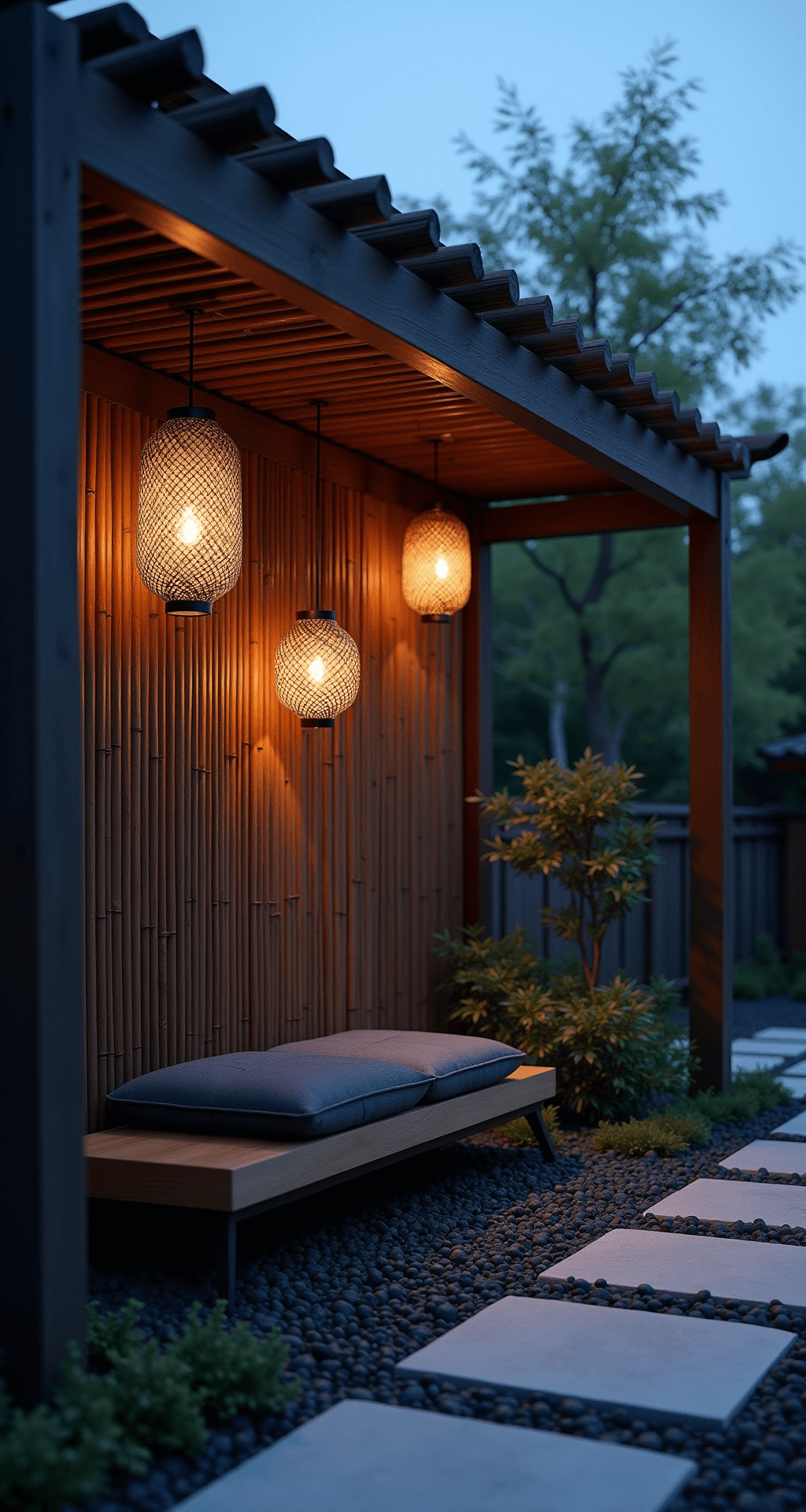 Garden Pergolas: Transform Your Outdoor Space with Style and Function Zen garden pergola made of dark-stained bamboo during twilight, adorned with softly glowing paper lanterns. Below, black river rocks and moss surround a low teak bench with a charcoal cushion, while stands of black bamboo provide privacy. Uplighting accentuates the structure's architectural features, captured from a ground-level perspective with a shallow depth of field that emphasizes texture, creating a serene and contemplative atmosphere.