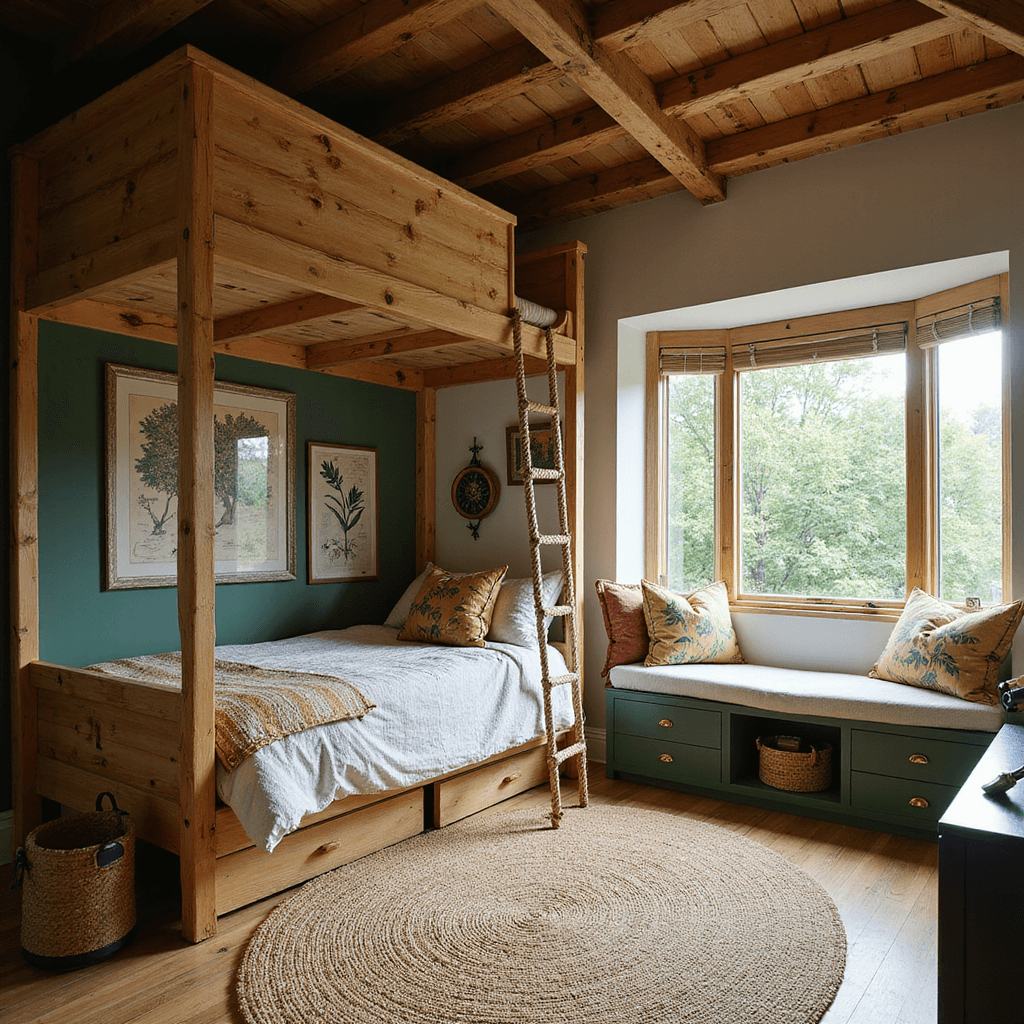 Boy Bedroom Ideas: Transforming Spaces into Epic Playgrounds of Creativity and Comfort A cozy nature explorer bedroom featuring a treehouse-style loft bed, rustic decor, and adventure-themed accessories, illuminated by soft morning light.