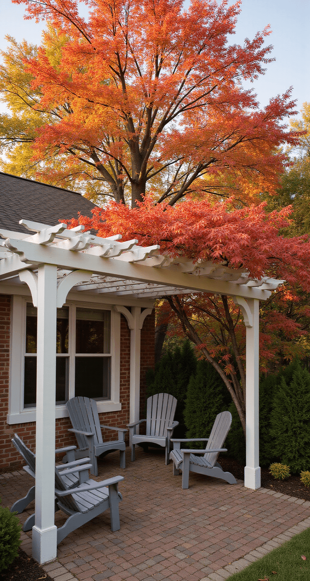Garden Pergolas: Transform Your Outdoor Space with Style and Function Corner view of a classic white wood pergola with vibrant Eastern Redbud trees in autumn colors, featuring modern slate gray Adirondack chairs on an aged brick patio with creeping thyme.