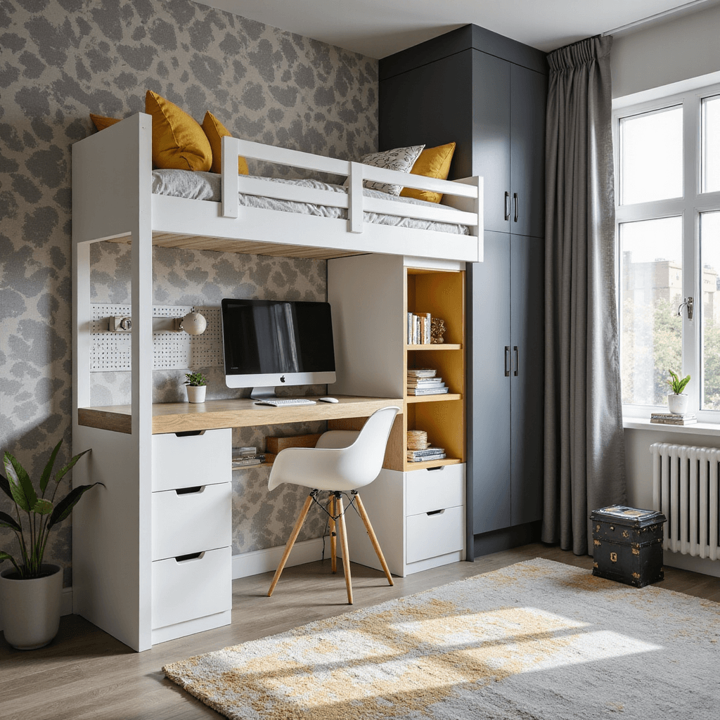 Boy Bedroom Ideas: Transforming Spaces into Epic Playgrounds of Creativity and Comfort Modern boy's bedroom featuring a custom white bunk bed system with integrated desk and shelving, geometric grey and mustard wallpaper, modular charcoal cube storage, a tech station with hidden cable management, and a pegboard organization wall, all captured in mid-afternoon light.