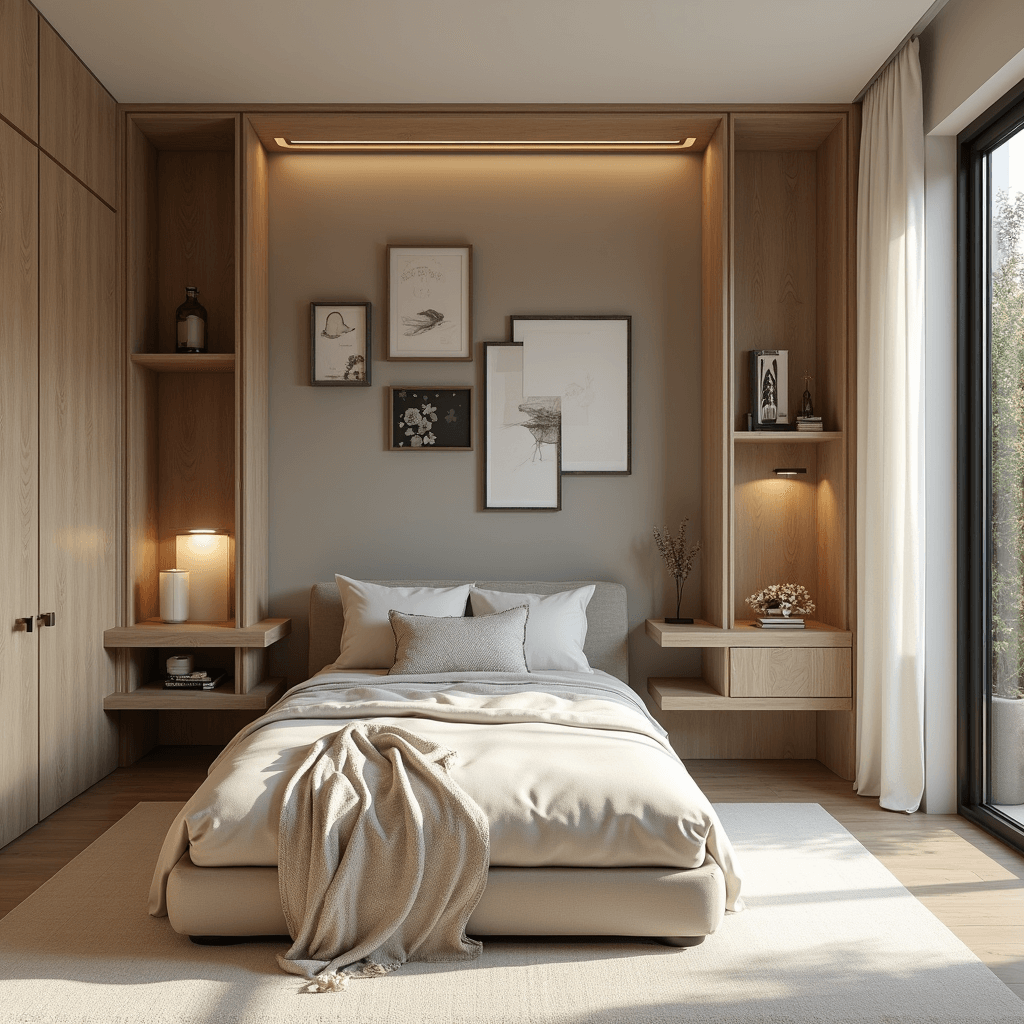 Boy Bedroom Ideas: Transforming Spaces into Epic Playgrounds of Creativity and Comfort Age-adaptive bedroom featuring convertible natural oak furniture and hidden storage, with soft morning light illuminating neutral taupe walls adorned with graphic decals and a gallery wall at a 45-degree angle.