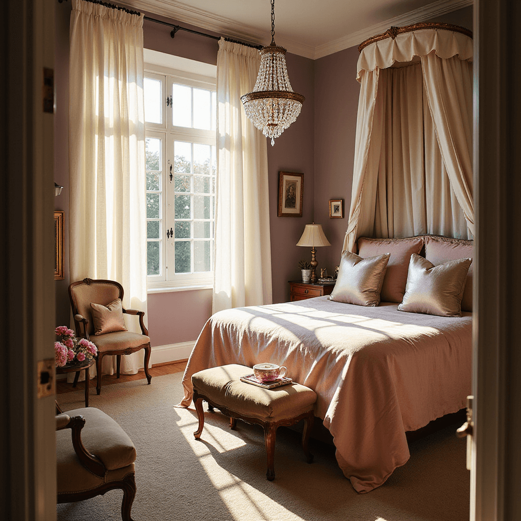 Romantic Bedroom Ideas: Creating Your Ultimate Love Haven A romantic master bedroom featuring a king-size canopy bed with blush pink velvet bedding, bathed in warm golden hour sunlight, flanked by vintage French furniture and peonies, all captured in a dreamy wide-angle shot.