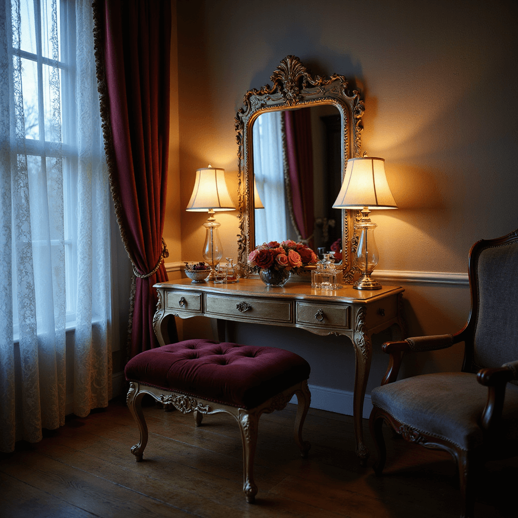 Romantic Bedroom Ideas: Creating Your Ultimate Love Haven Intimate boudoir corner with an antique champagne gold vanity, Art Deco mirror reflecting warm light from mercury glass lamps, a deep burgundy tufted velvet ottoman, delicate lace curtains filtering blue hour light, vintage perfume bottles, and fresh roses, captured at dusk from a low angle with soft focus and moody lighting.