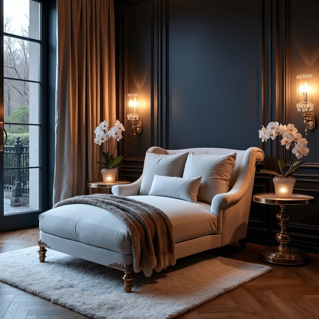 Romantic Bedroom Ideas: Creating Your Ultimate Love Haven Luxurious bedroom seating area featuring a pearl grey velvet chaise lounge by French doors, adorned with a faux fur throw, warm ambient lighting from crystal sconces on a dark navy accent wall, metallic side tables with hurricane candles and orchids, herringbone hardwood floors, and a plush area rug, captured from a corner angle.
