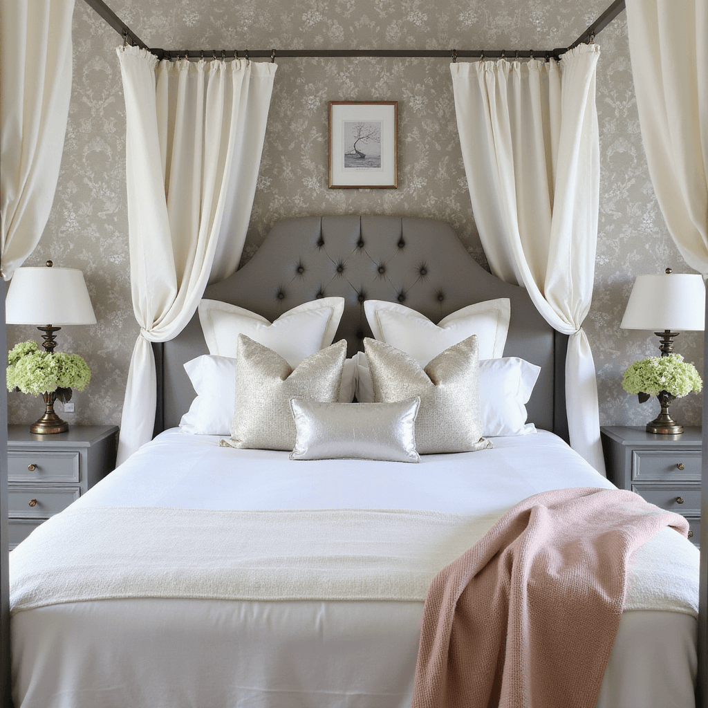Romantic Bedroom Ideas: Creating Your Ultimate Love Haven A high overhead shot of a serene morning light bedroom featuring a four-poster bed with flowing white canopy panels, a dove grey tufted headboard against a subtle damask wallpaper, and layered bedding with Egyptian cotton, cashmere throws, and mixed textile pillows in cream, blush, and silver. Antique brass reading lamps and fresh hydrangeas adorn the nightstands, all bathed in soft, diffused natural lighting.