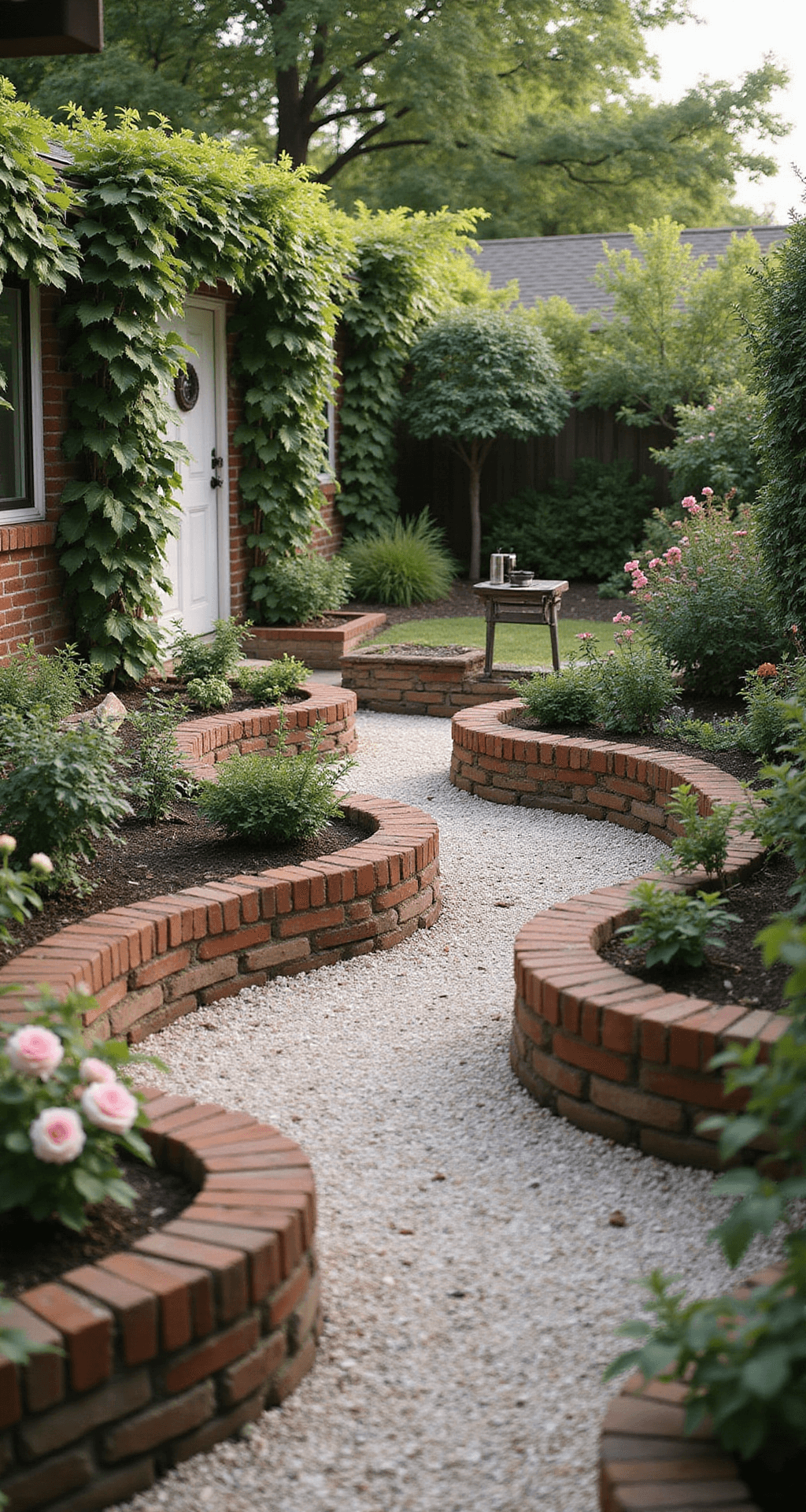Raised Garden Beds: Your Ultimate Guide to Elevated Gardening Success Intimate cottage garden with curved raised beds made of reclaimed brick, featuring climbing roses, crushed shell paths, and vintage accessories, captured in soft afternoon light with a shallow depth of field.