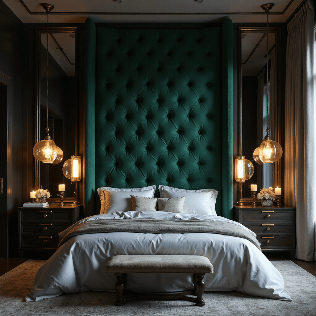 Romantic Bedroom Ideas: Creating Your Ultimate Love Haven Dramatic bedroom scene featuring an oversized tufted emerald velvet headboard, a king bed with platinum silk sheets, Art Deco pendant lights, dark wood furniture with gold inlay, and a massive mirror reflecting candlelight, all illuminated by moody uplighting.