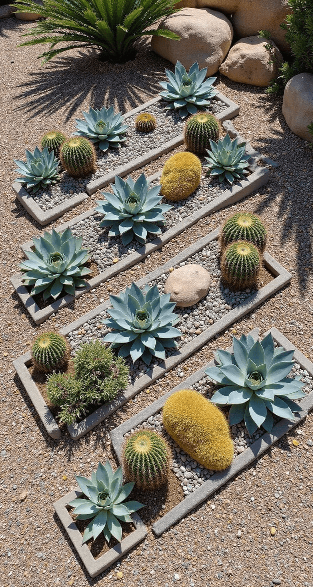 Raised Garden Beds: Your Ultimate Guide to Elevated Gardening Success Aerial view of a drought-resistant garden with concrete block raised beds in a grid pattern, featuring succulent plantings, silver-blue agave, and golden barrel cactus, surrounded by pea gravel pathways and boulder accents under harsh midday sun.