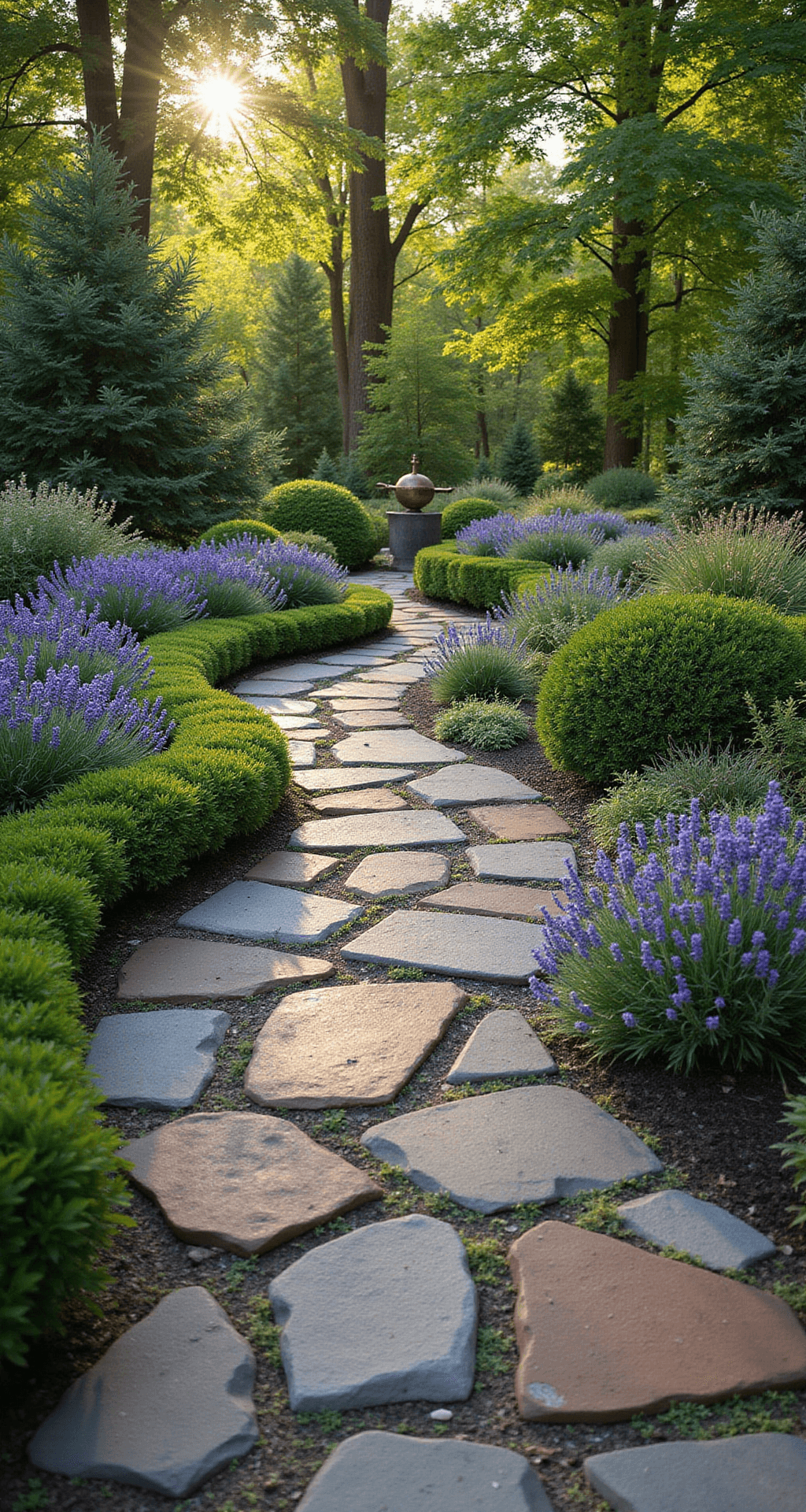 Garden Pathways: Your Ultimate Guide to Creating Stunning Outdoor Walkways A winding flagstone pathway through a lush English garden at golden hour, featuring irregular gray and rust-colored stones, spilling lavender and catmint, mature boxwoods, dappled sunlight from overhead maple trees, and a weathered copper sundial in focus, with textured stones and soft bokeh background.