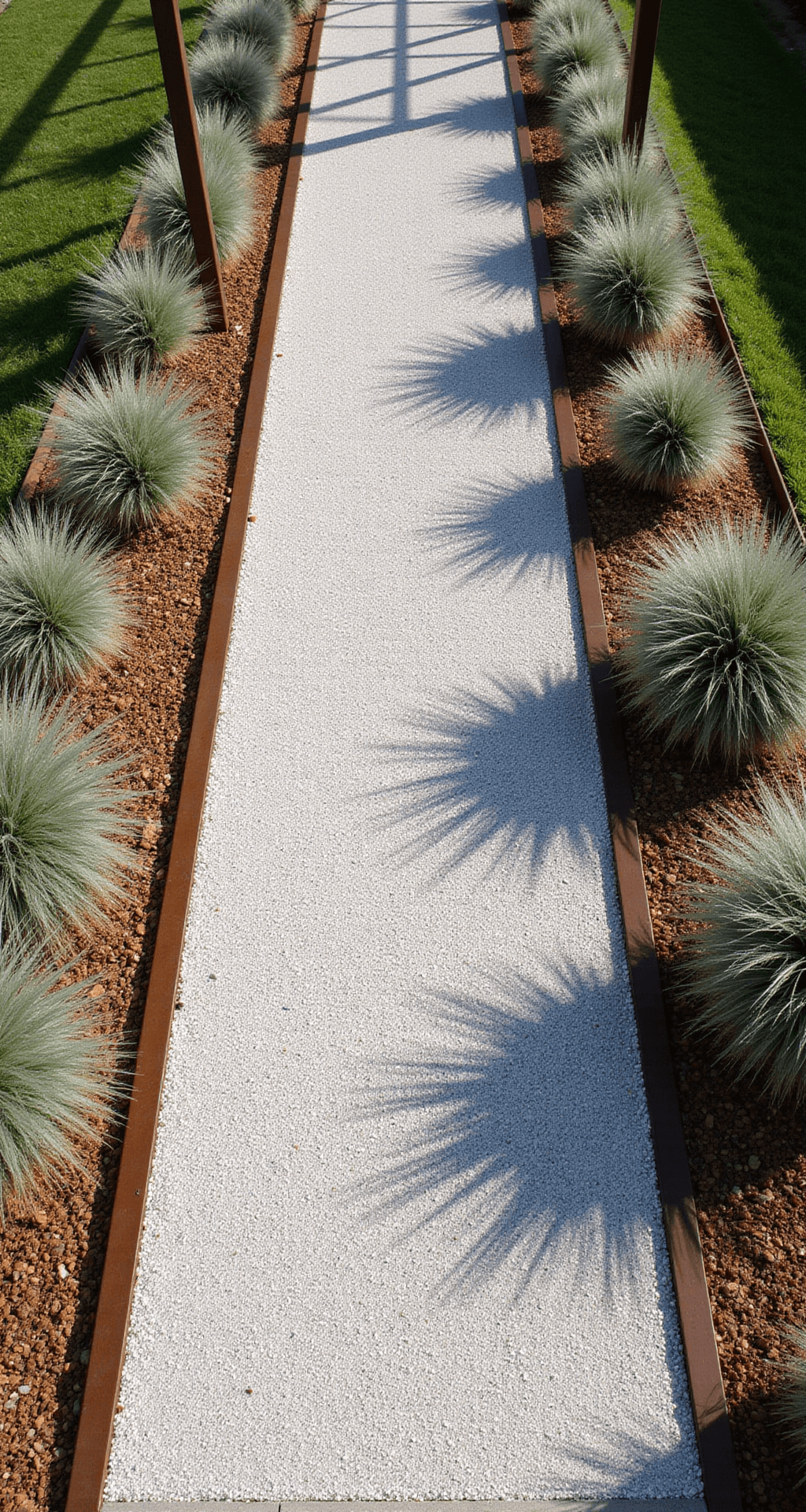 Garden Pathways: Your Ultimate Guide to Creating Stunning Outdoor Walkways Modern minimalist gravel pathway with crushed white marble aggregate and cor-ten steel edging, flanked by rows of Mexican feather grass, captured from above with dramatic shadows and a contrasting color palette of whites, warm browns, and silver-greens.