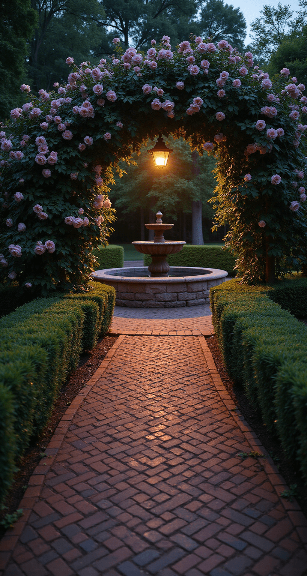 Garden Pathways: Your Ultimate Guide to Creating Stunning Outdoor Walkways Intimate garden path at dusk featuring an antique red clay herringbone brick design, bordered by boxwood hedges and framed by climbing roses on a copper archway, illuminated by warm landscape lighting that creates golden light pools and deep shadows, with a weathered stone fountain accentuating the gentle curve of the path.