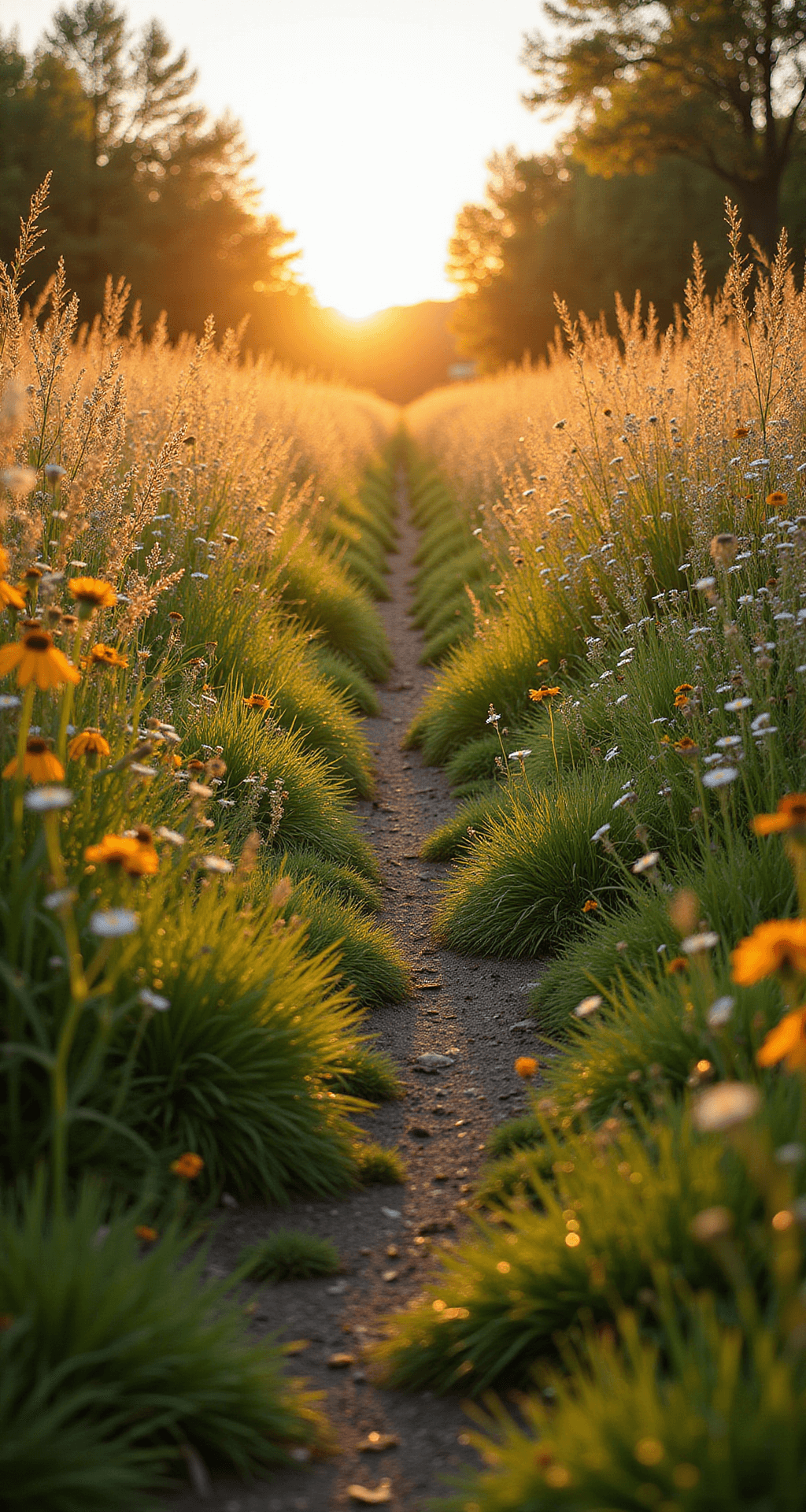 Garden Pathways: Your Ultimate Guide to Creating Stunning Outdoor Walkways A serene grass pathway meanders through a vibrant wildflower meadow at sunrise, with chest-high grasses and blooming Queen Anne's Lace and Black-Eyed Susans illuminated by golden morning light. Morning dew glistens like diamonds, and backlit grasses create an ethereal atmosphere, captured from human eye level in a shallow depth of field.