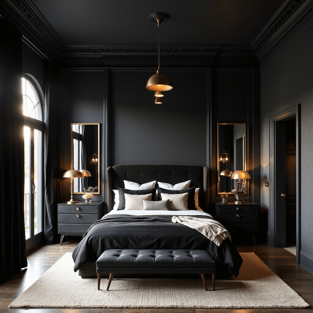 Black Bedroom Ideas: Transform Your Space into a Dramatic Sanctuary Luxurious black master bedroom featuring a king-sized bed with layered black and white bedding, brass pendant lights, and velvet curtains, captured during golden hour with warm lighting and moody atmosphere.