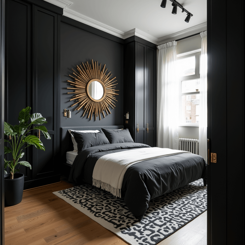 Black Bedroom Ideas: Transform Your Space into a Dramatic Sanctuary A cozy black bedroom studio featuring floor-to-ceiling wardrobes, a floating queen bed with charcoal linen and ivory silk, a geometric black and white rug, and a sunburst mirror, all softly illuminated by bright morning light filtering through sheer curtains. A small fiddle leaf fig adds a touch of greenery.