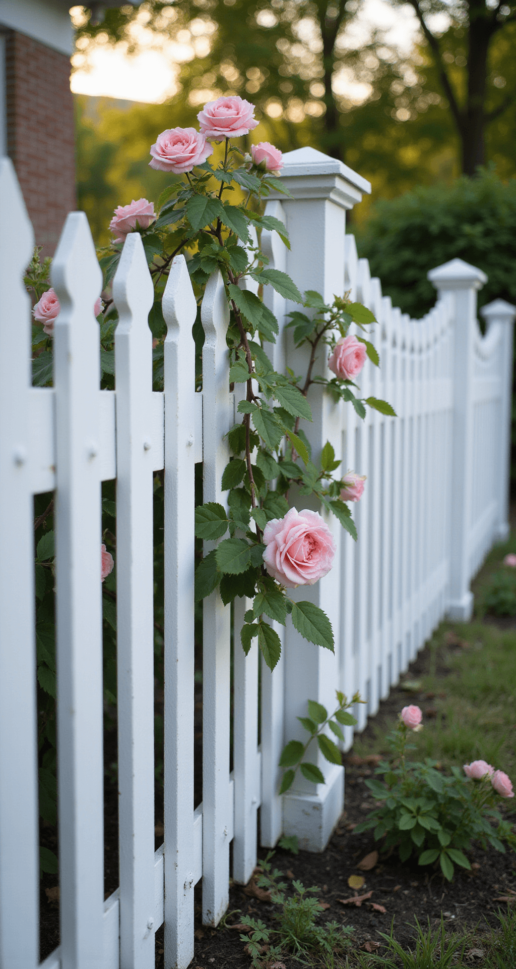 Garden Fence Ideas: Transform Your Outdoor Space with Style and Function A classic white picket fence with a scalloped top and Victorian-style pointed pickets, adorned with pink climbing roses and set against a backdrop of blurred cottage garden perennials, captured in warm late afternoon light.