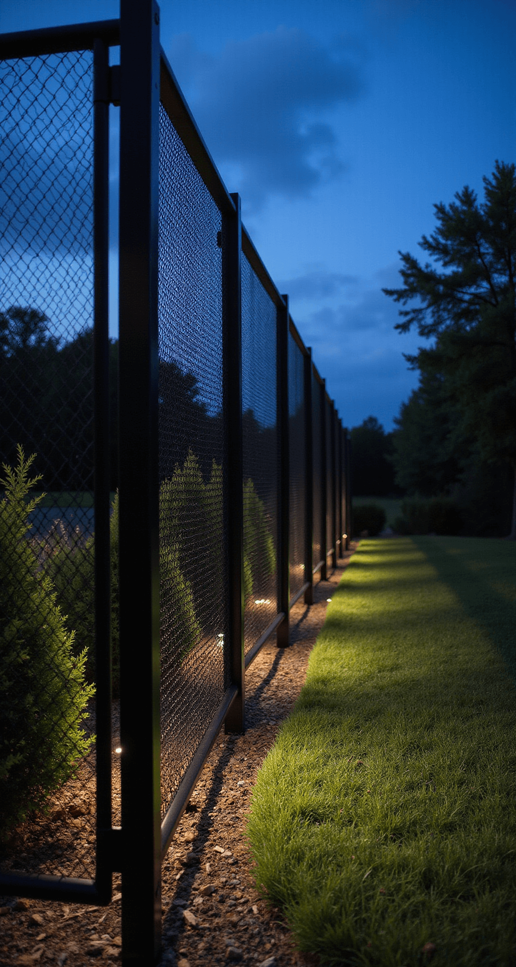 Garden Fence Ideas: Transform Your Outdoor Space with Style and Function Dramatic dusk shot showcasing an 8-foot deer fence with black aluminum posts and nearly invisible mesh, illuminated by strategic uplighting. The full height of the fence is captured, with native plantings softening the base and subtle deer deterrent features visible. The materials emphasize sleek modern lines against a color palette of deep charcoal, nighttime blues, and green foliage.