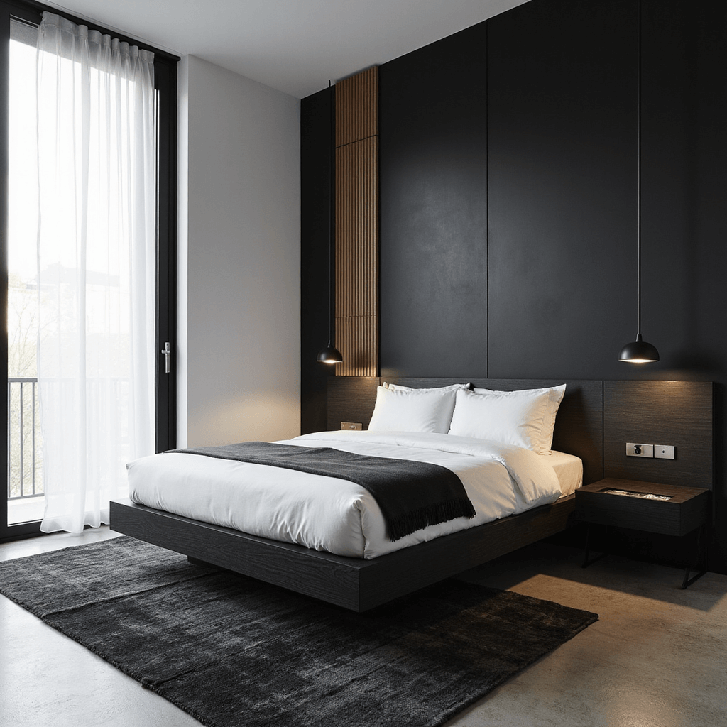 Black Bedroom Ideas: Transform Your Space into a Dramatic Sanctuary A minimalist black bedroom featuring a matte black accent wall with wood slat detail, a low-profile black oak platform bed with white bedding, floating nightstands with LED lighting, a large black-framed window with sheer panels, and a concrete floor adorned with a black vintage rug, captured from a bird's eye view in natural mid-morning light.