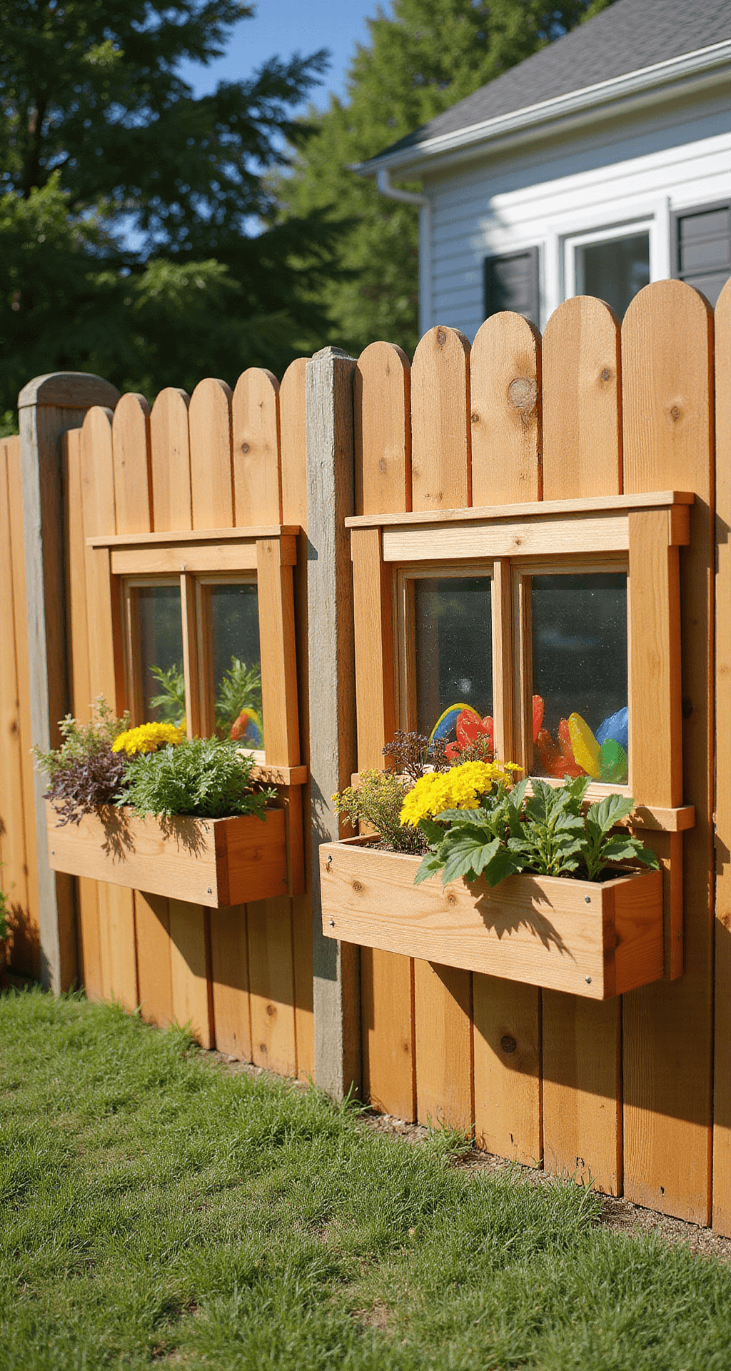 Garden Fence Ideas: Transform Your Outdoor Space with Style and Function A vibrant child-friendly garden fence made of cedar, featuring rounded tops and integrated play elements, photographed at child's eye level. The fence includes built-in window boxes overflowing with kid-safe plants and transparent panels displaying rainbow colors, all designed with smooth, safe surfaces and a cheerful natural wood tone palette accented with playful colors, captured in bright midday sun with a deep depth of field.
