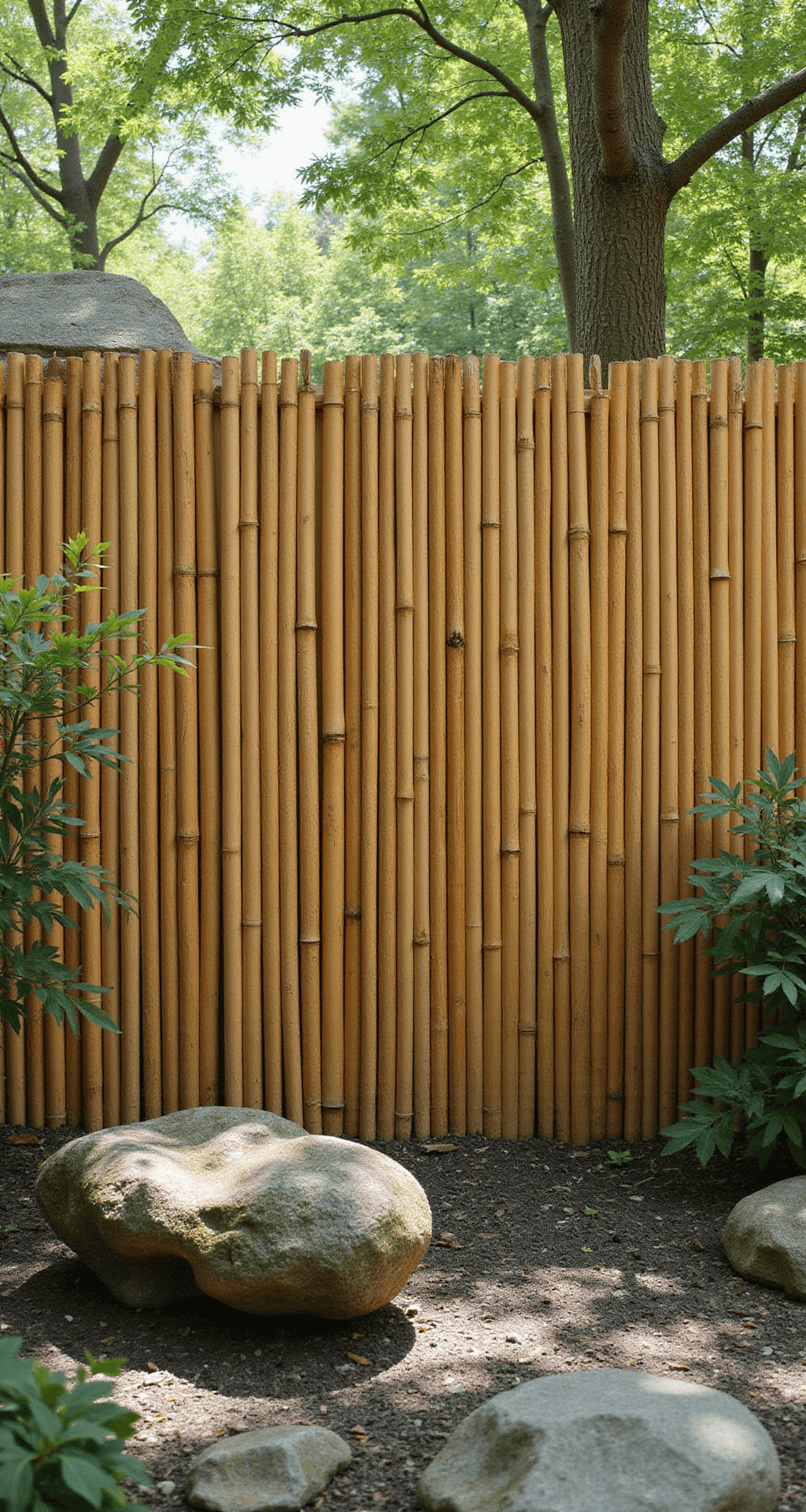 Garden Fence Ideas: Transform Your Outdoor Space with Style and Function A DIY bamboo fence stands 5 feet tall, crafted from natural bamboo poles of varying diameters, captured in diffused afternoon light. The camera is positioned at a slight upward angle, showcasing a zen garden with elements in the foreground. Light filters through the bamboo, creating organic patterns, while the warm bamboo tones, stone grays, and moss greens highlight the natural textures of the materials, emphasizing their detail.